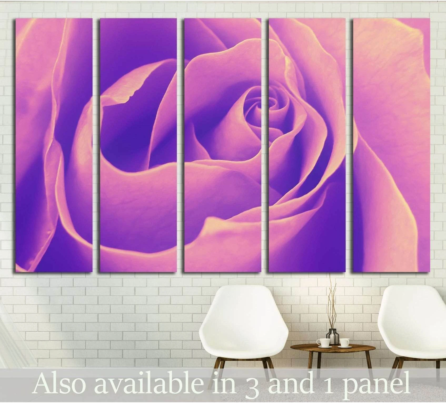 Purple rose macro canvas print in pink and lavender tones, displayed as five panels above chairs in a modern room