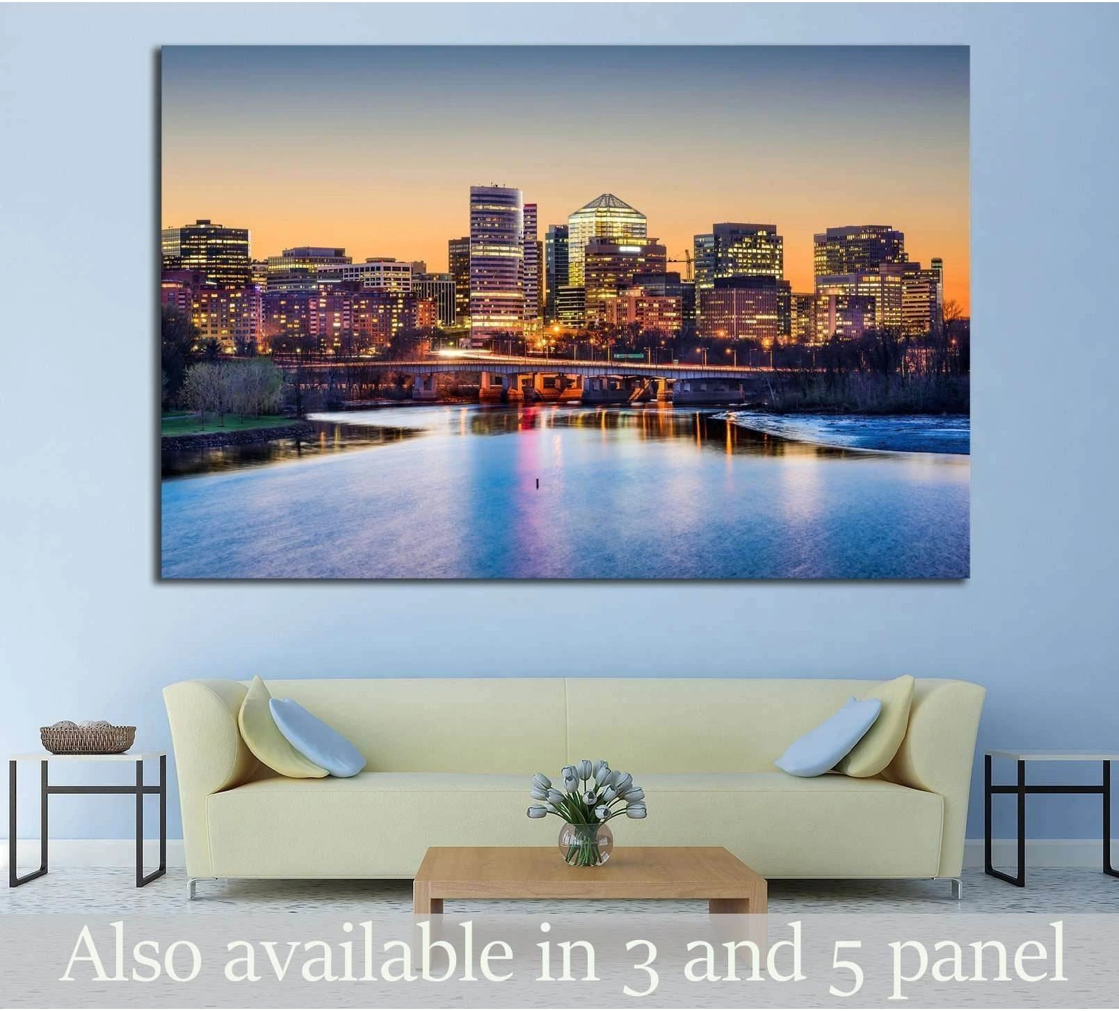 Rosslyn Arlington skyline canvas print above sofa with Potomac River at dusk