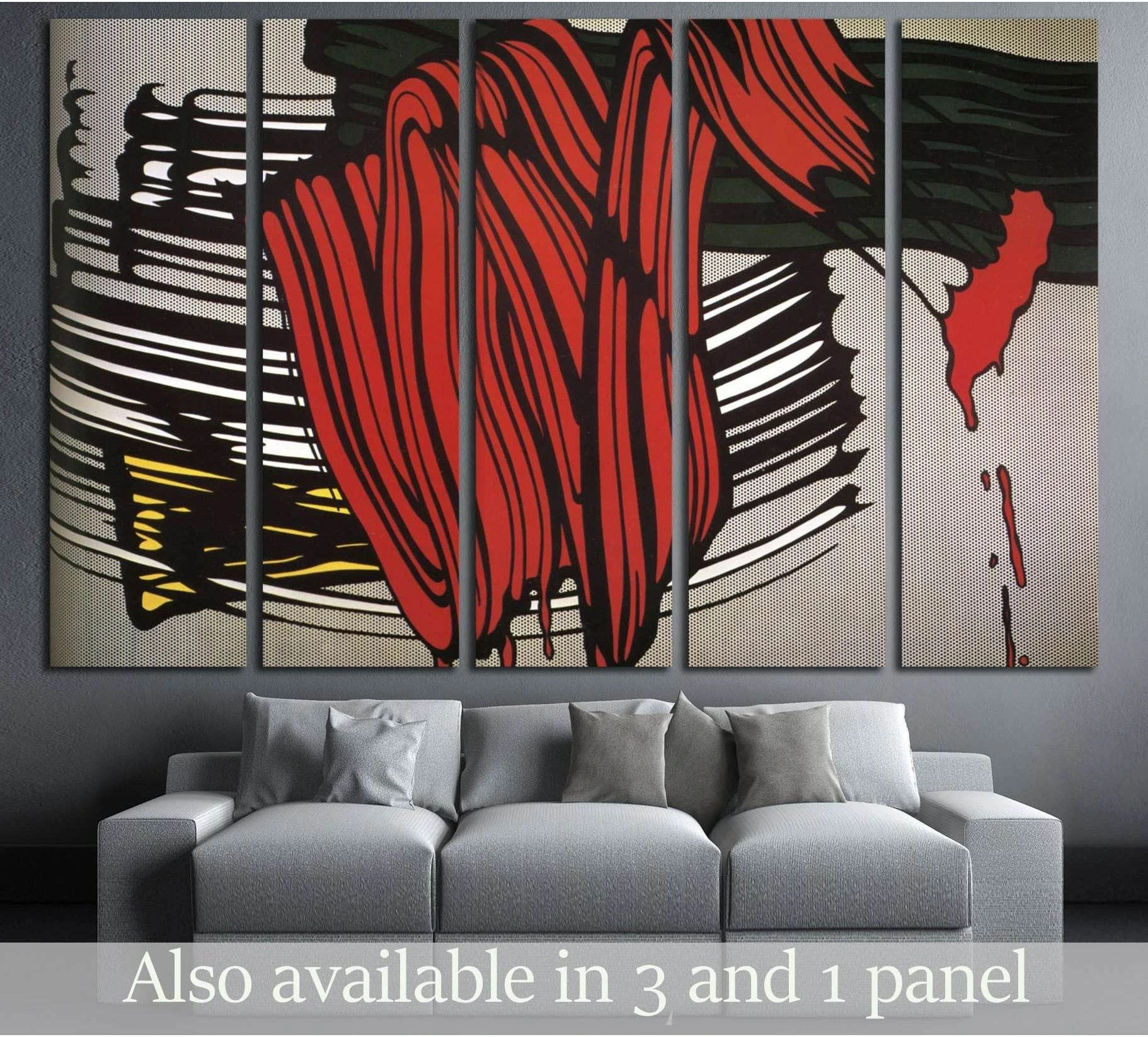 Roy Lichtenstein pop art canvas print with red brushstrokes above a gray sofa