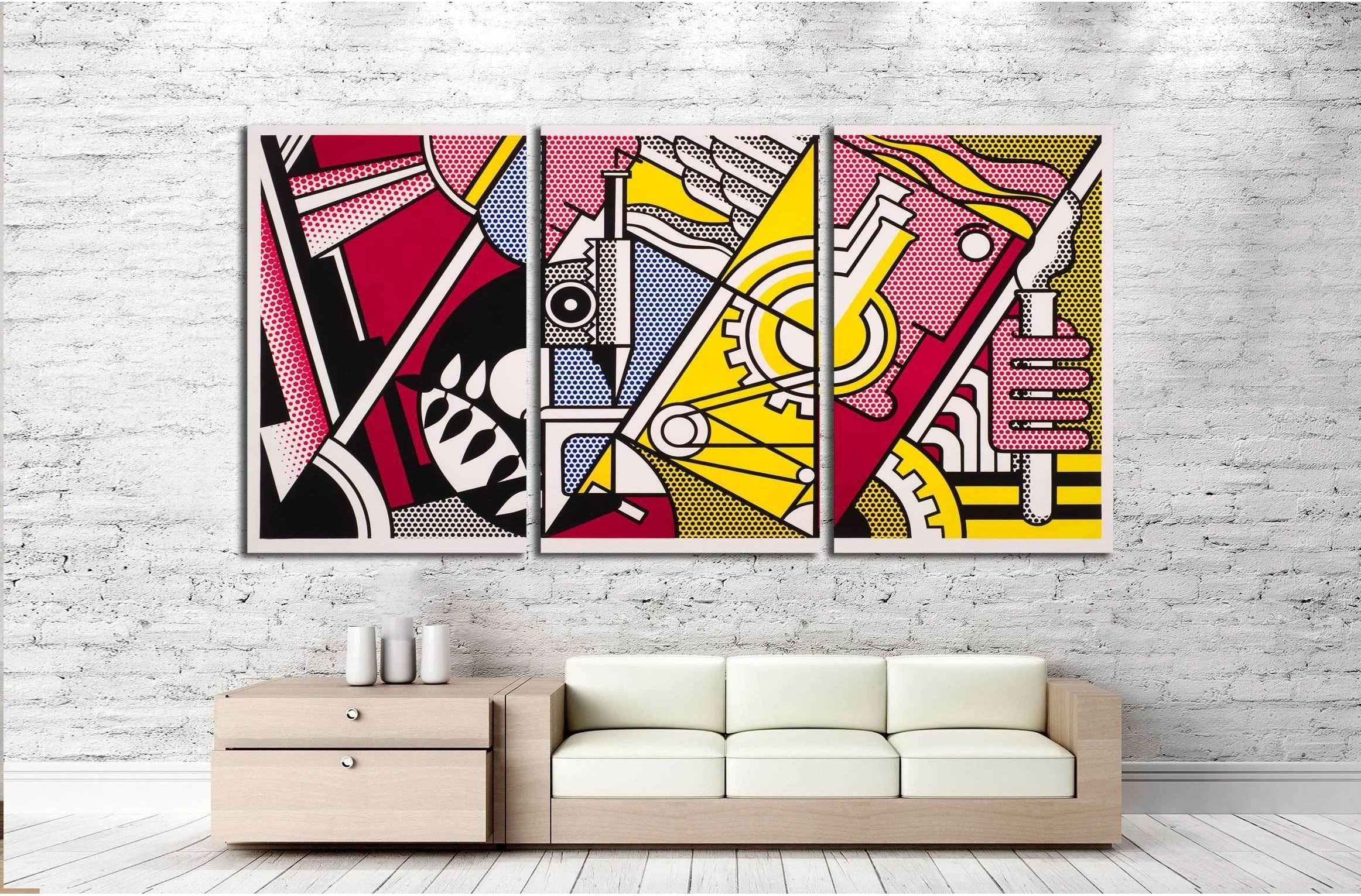 A red, blue, and yellow abstract pop art piece, product view 2