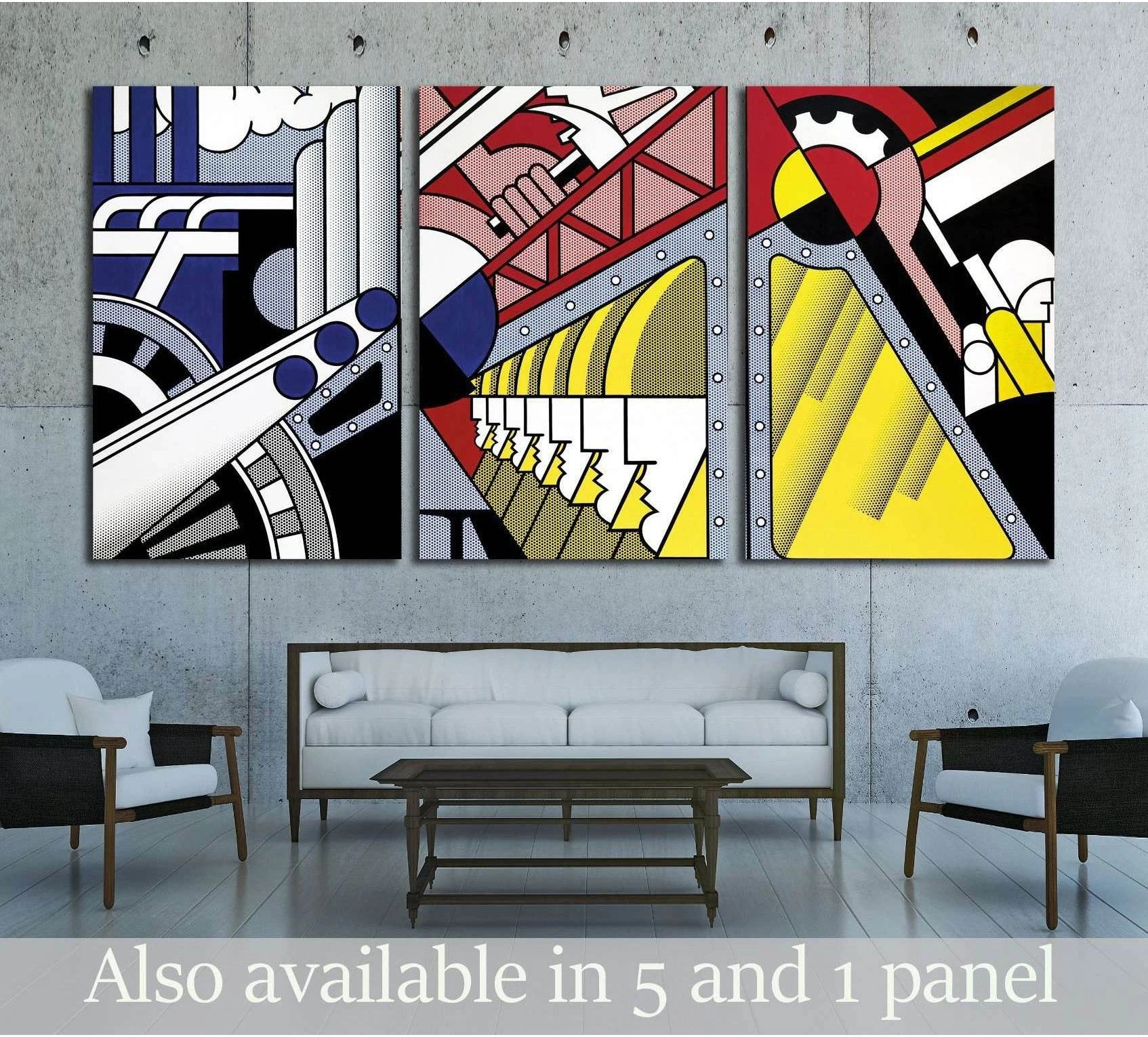 Roy Lichtenstein triptych canvas print with red, yellow, and blue pop art forms above a sofa