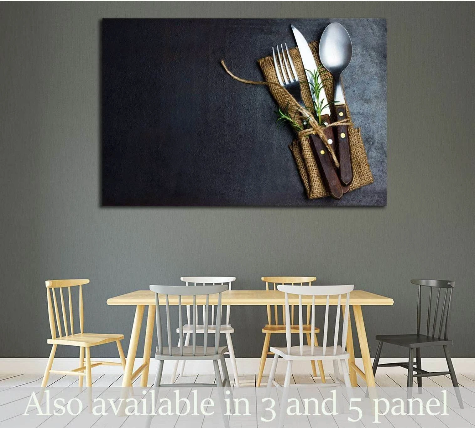 Vintage cutlery canvas print with knife fork and spoon above dining table in rustic kitchen