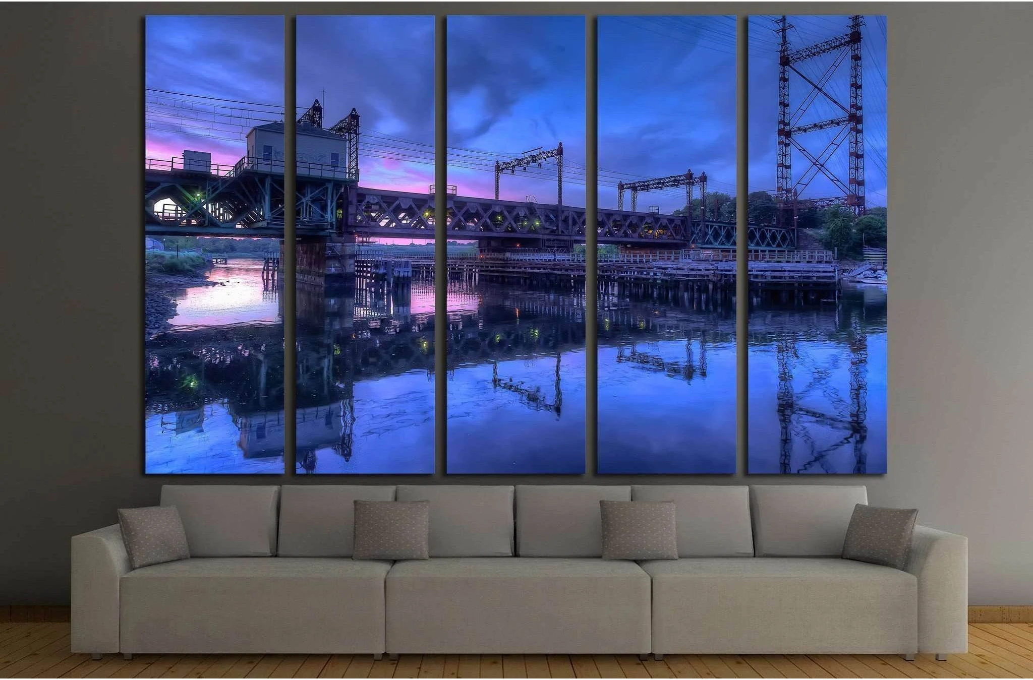 Rusty train bridge going over the harbor under a pink sunset №2062 Ready to Hang Canvas Print - Zellart Canvas Prints ALL_Products, s-2062