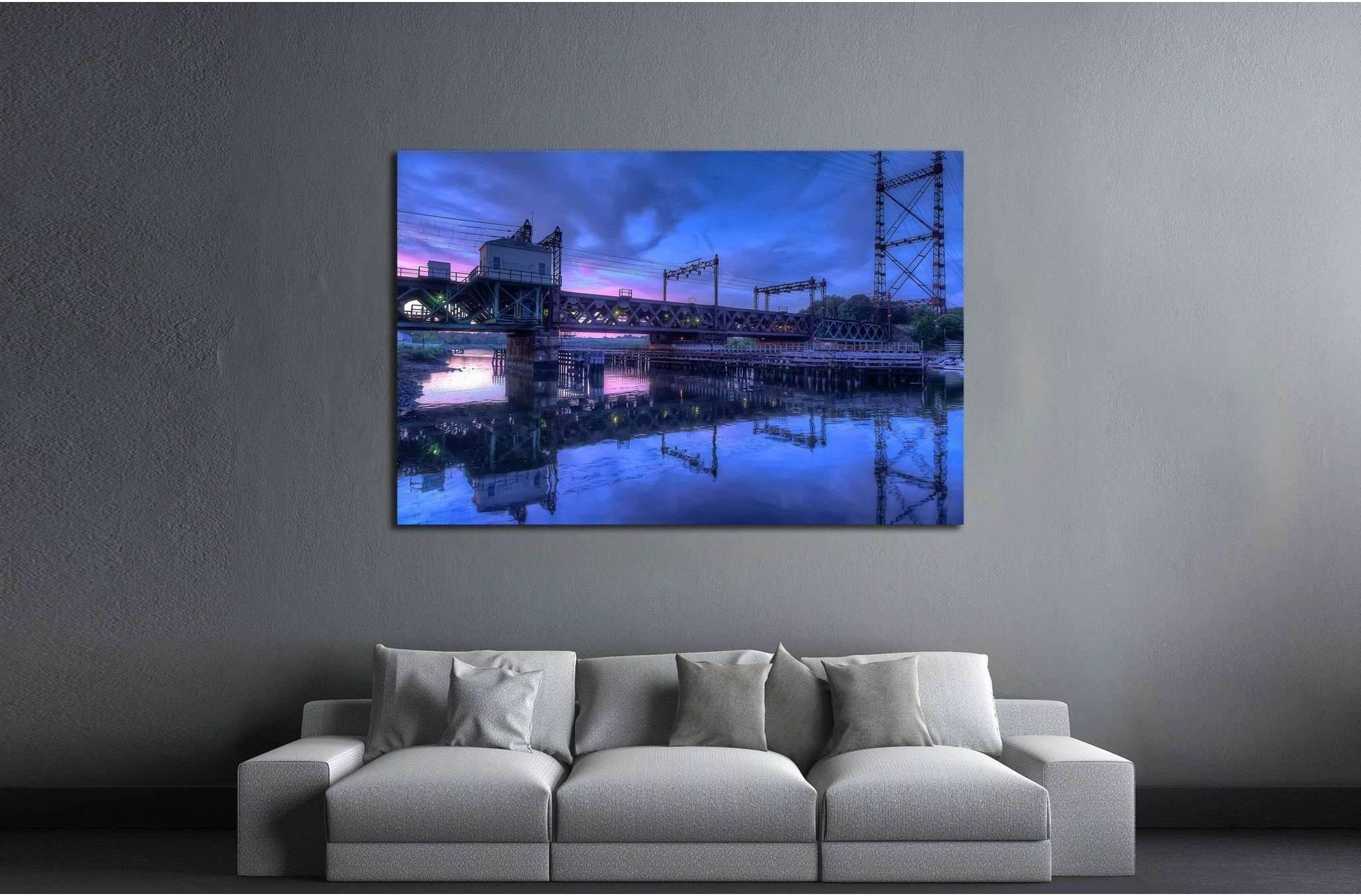 Rusty train bridge going over the harbor under a pink sunset №2062 Ready to Hang Canvas Print - Zellart Canvas Prints ALL_Products, s-2062