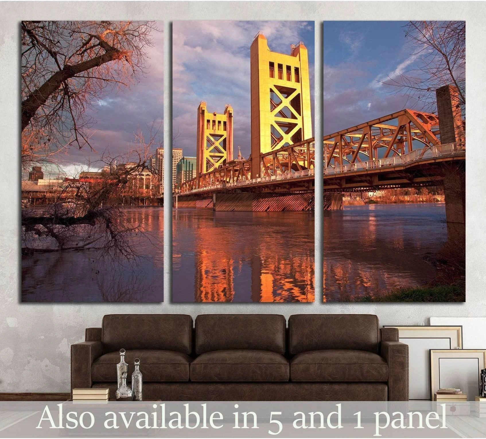 Sacramento Tower Bridge triptych canvas print above a sofa in a modern living room