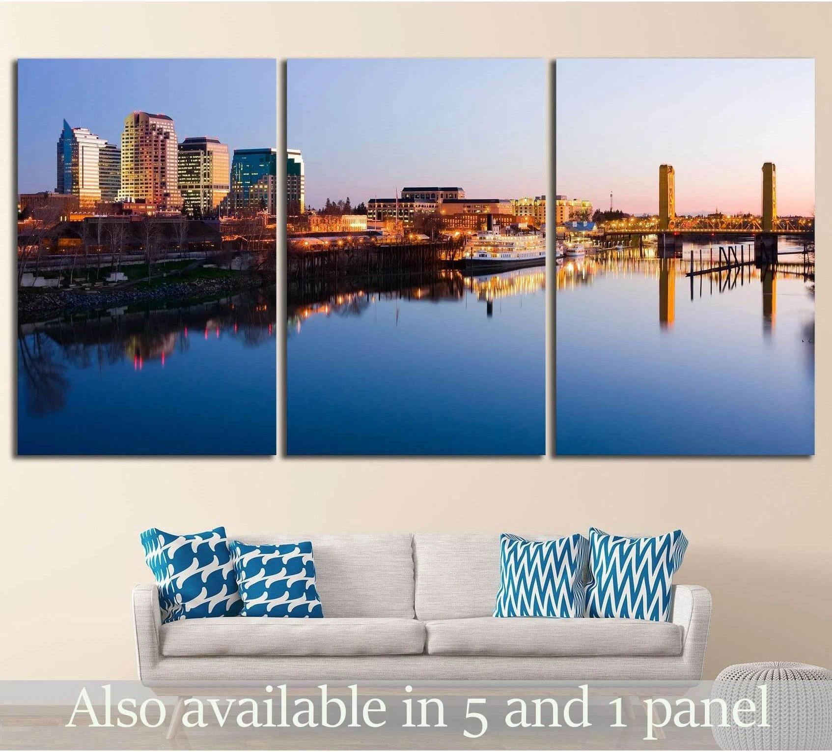 Sacramento skyline triptych canvas print with city lights reflecting on calm river at dusk
