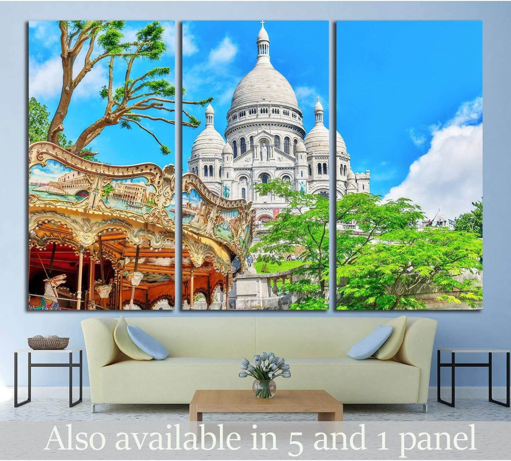 Sacre-Coeur Basilica Paris canvas print with vintage carousel and blue sky above a sofa