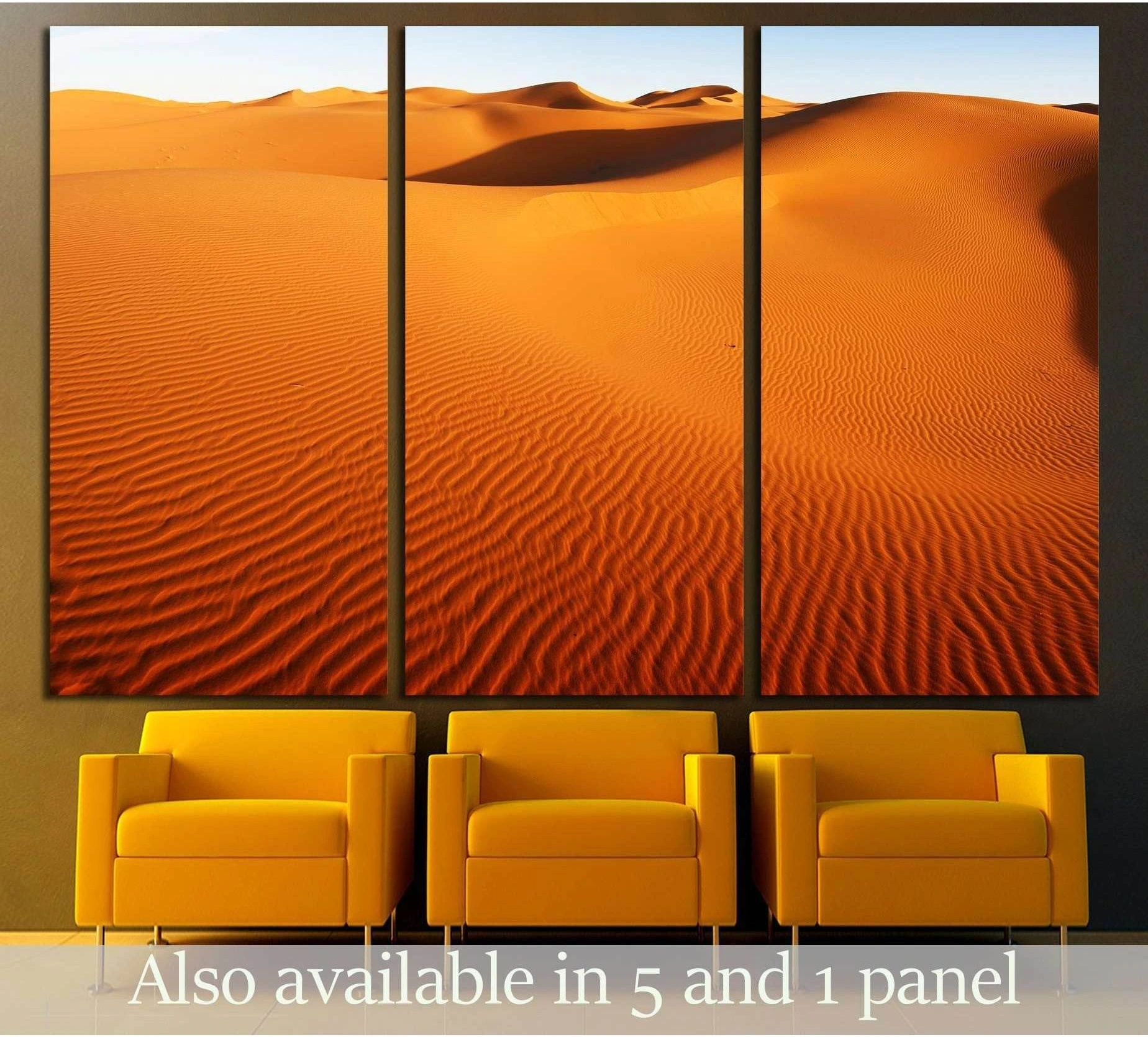 Sahara Desert Morocco triptych canvas print with rolling orange sand dunes above yellow armchairs