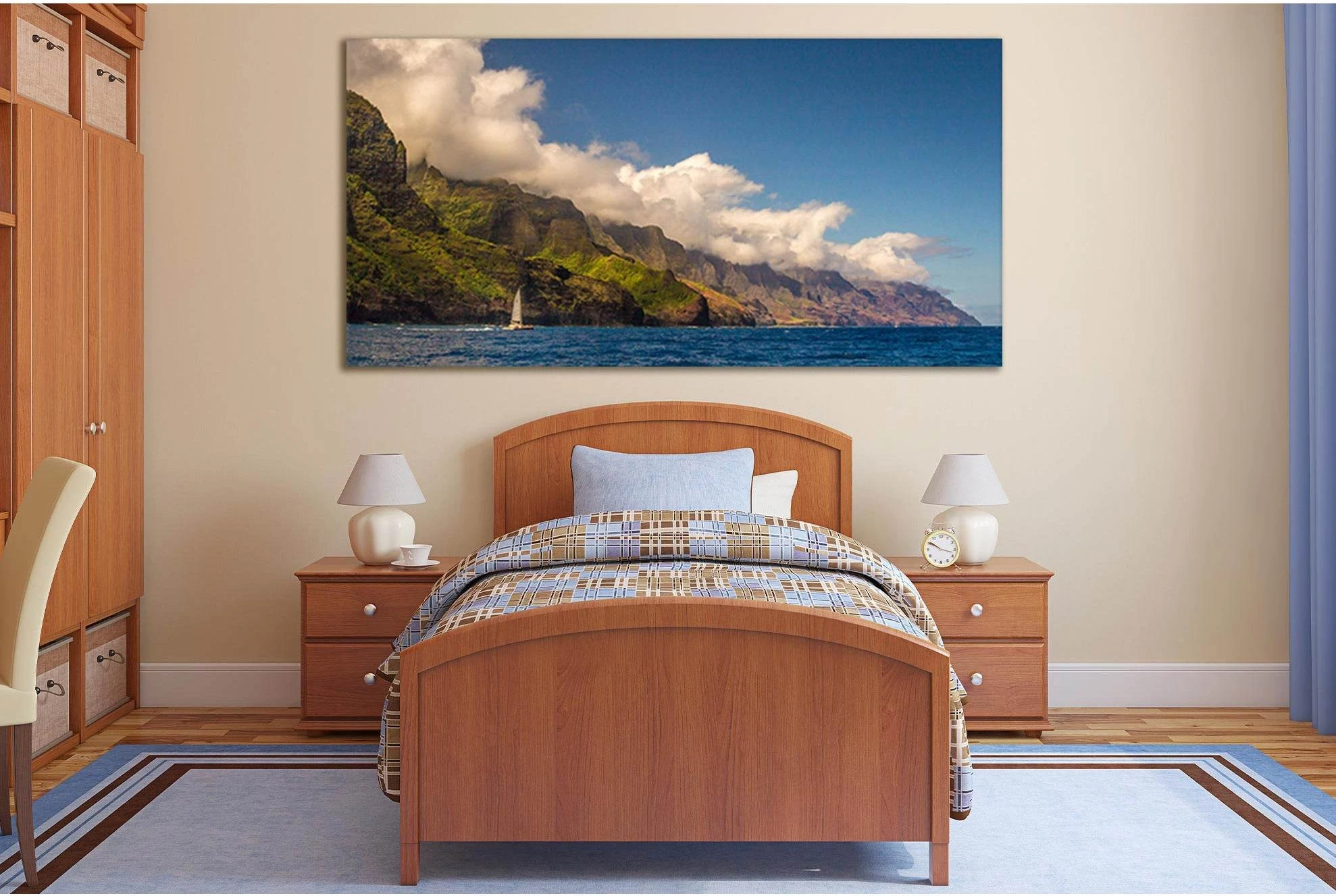 Sailboat Near Sea Cliffs Ocean Seascape Canvas Print Wall Art showing sea water, shoreline and horizon depth.