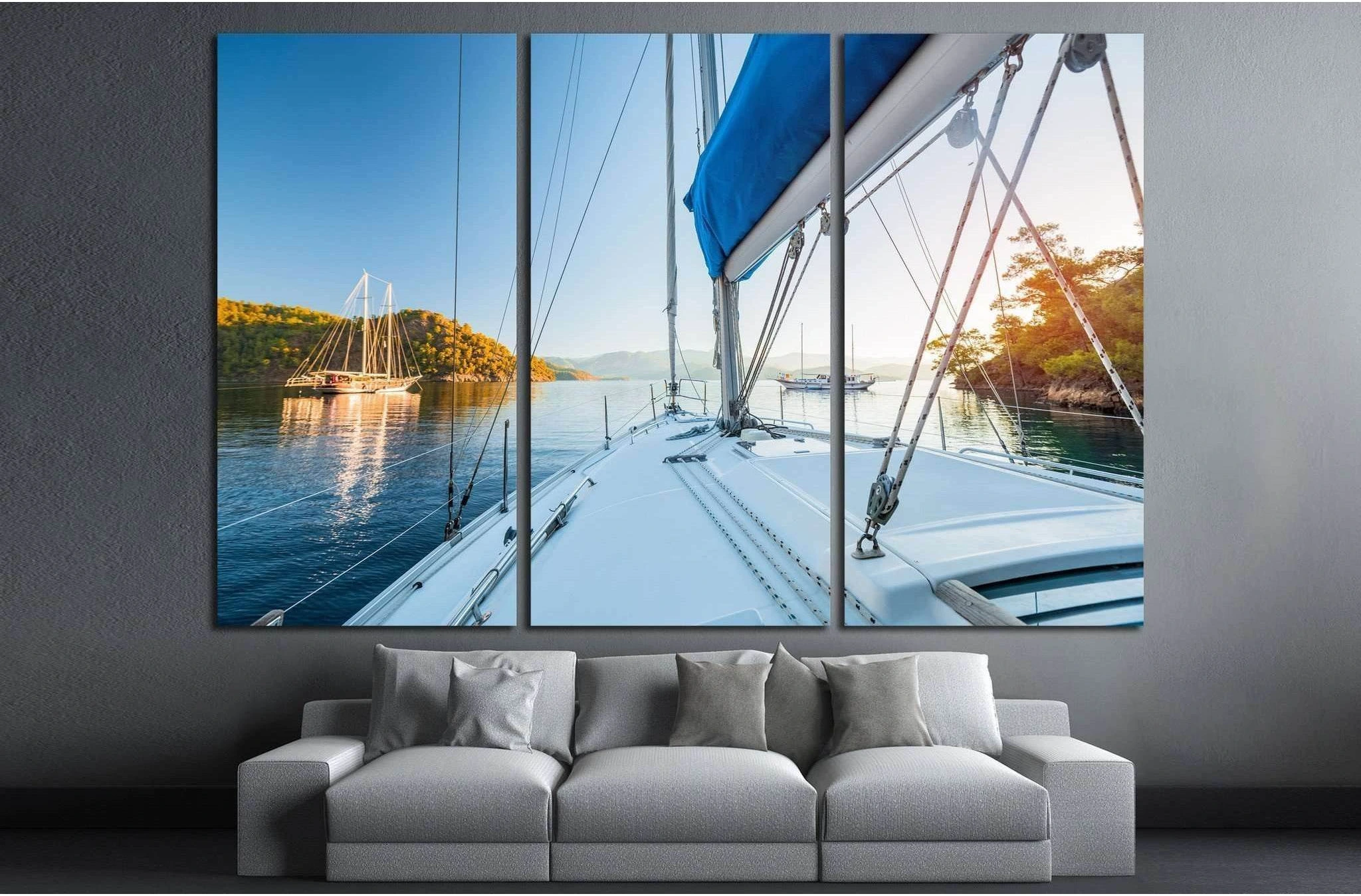 Sailing boats anchored in calm bay. Aegean Sea, Turkey №1412 Ready to Hang Canvas Print - Zellart Canvas Prints ALL_Products, s-1412