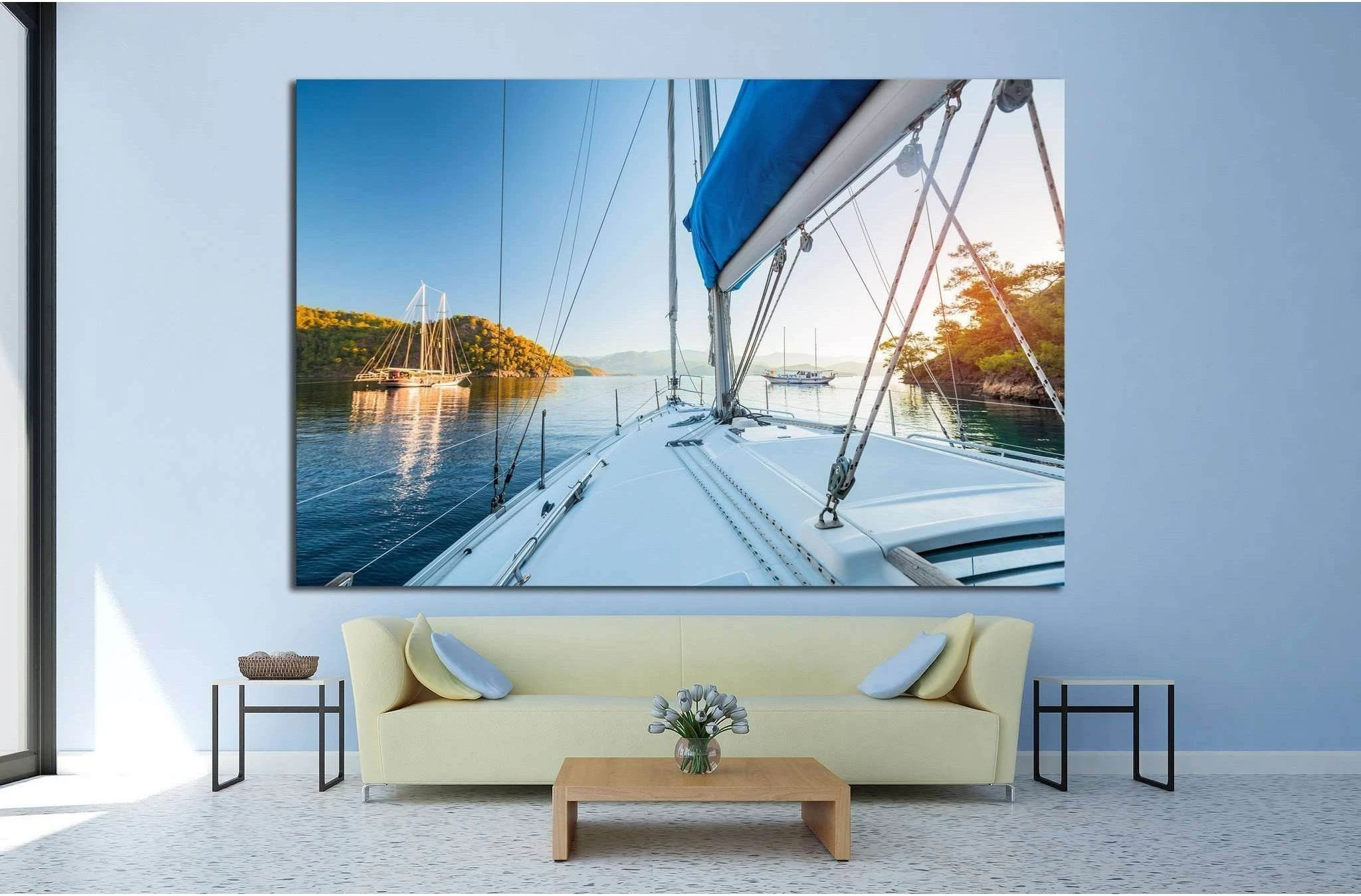 Sailing boats anchored in calm bay. Aegean Sea, Turkey №1412 Ready to Hang Canvas Print - Zellart Canvas Prints ALL_Products, s-1412
