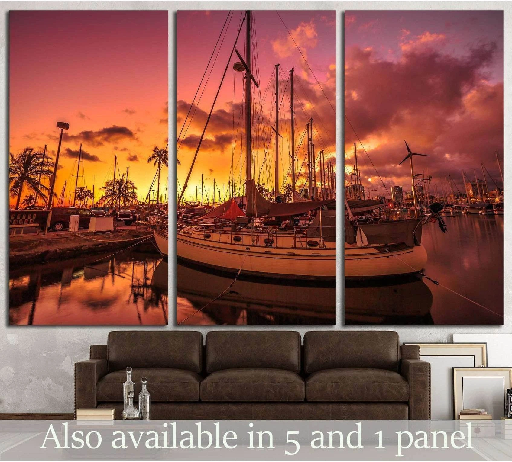 sailing boats docked at the Ala Wai Harbor, Oahu, Hawaii showing blue ocean wall art with water and coastal depth.
