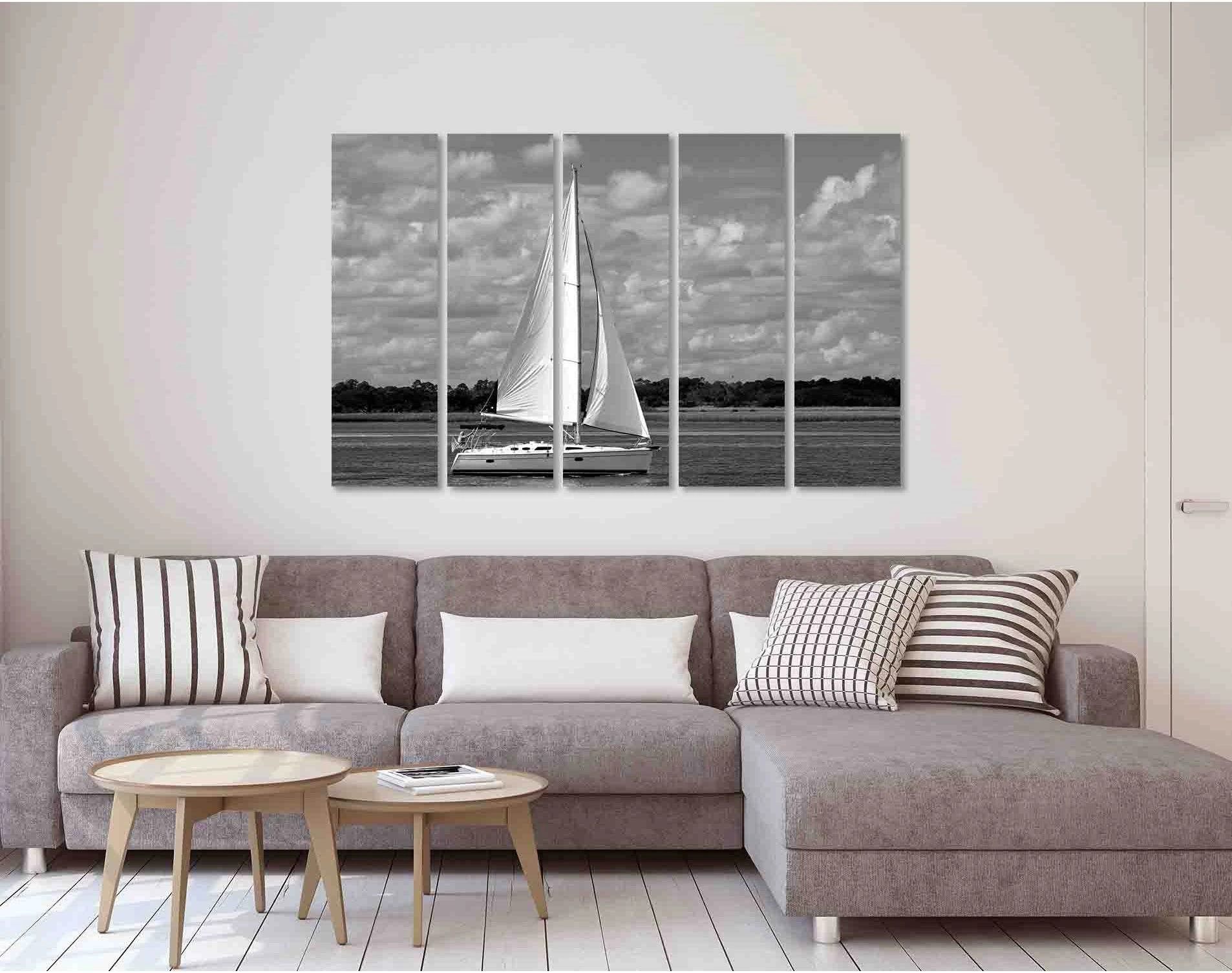 Sailing yacht on the river №D2842 Ready to Hang Canvas Print - Zellart Canvas Prints 0new, ALL_Products, Black & White Wall Art