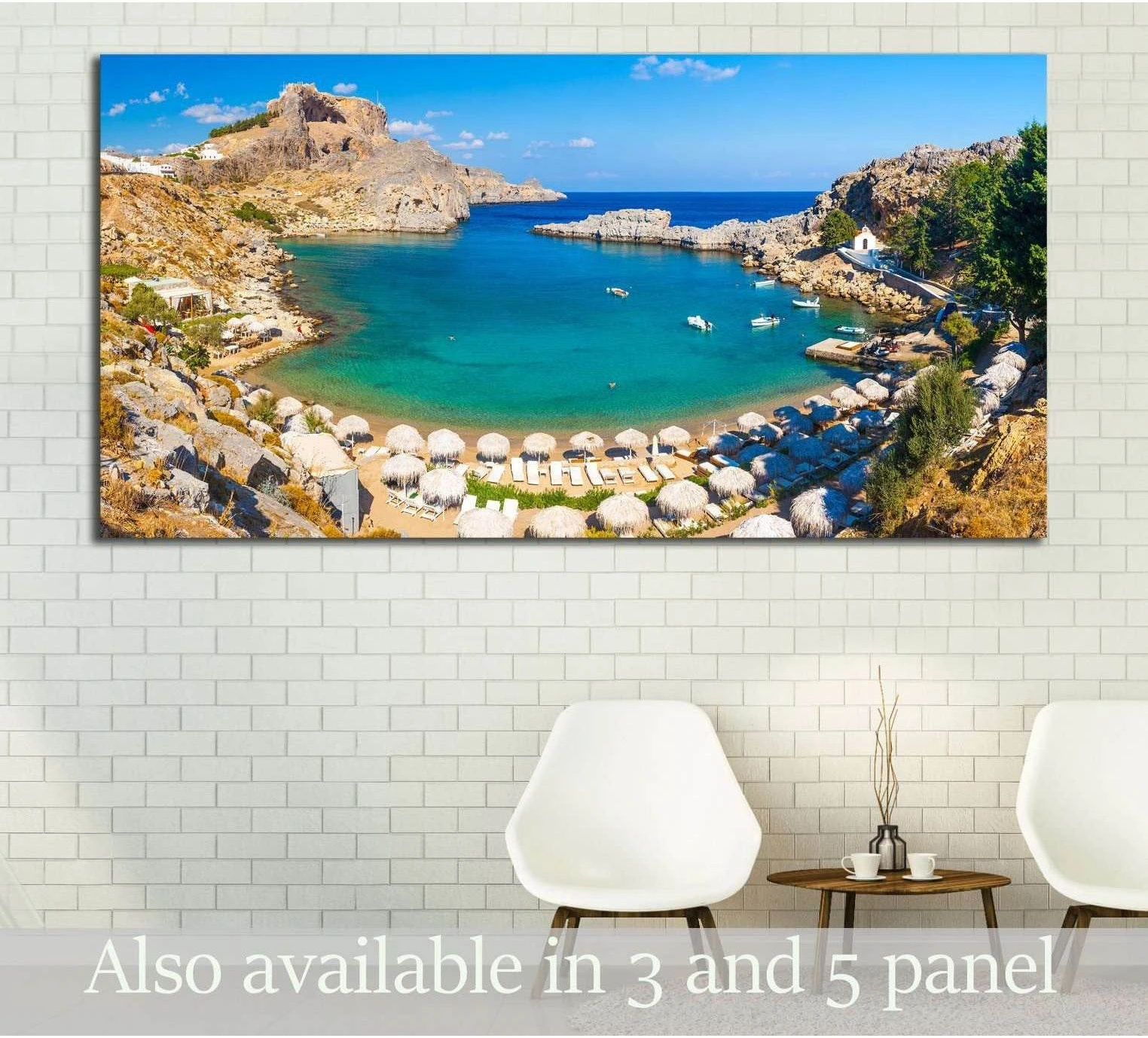 Saint Pauls Bay Lindos canvas print with turquoise bay, rocky cliffs, and beach umbrellas