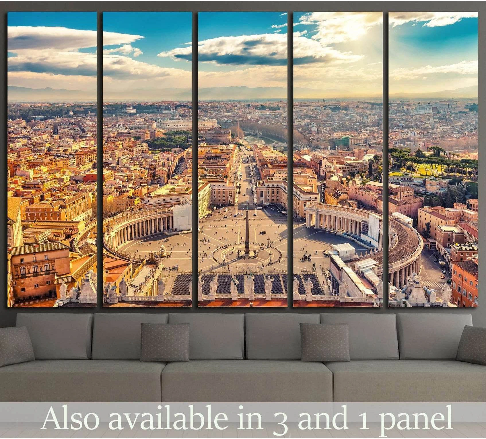 Saint Peter's Square Vatican Rome canvas print in a multi-panel living room mockup