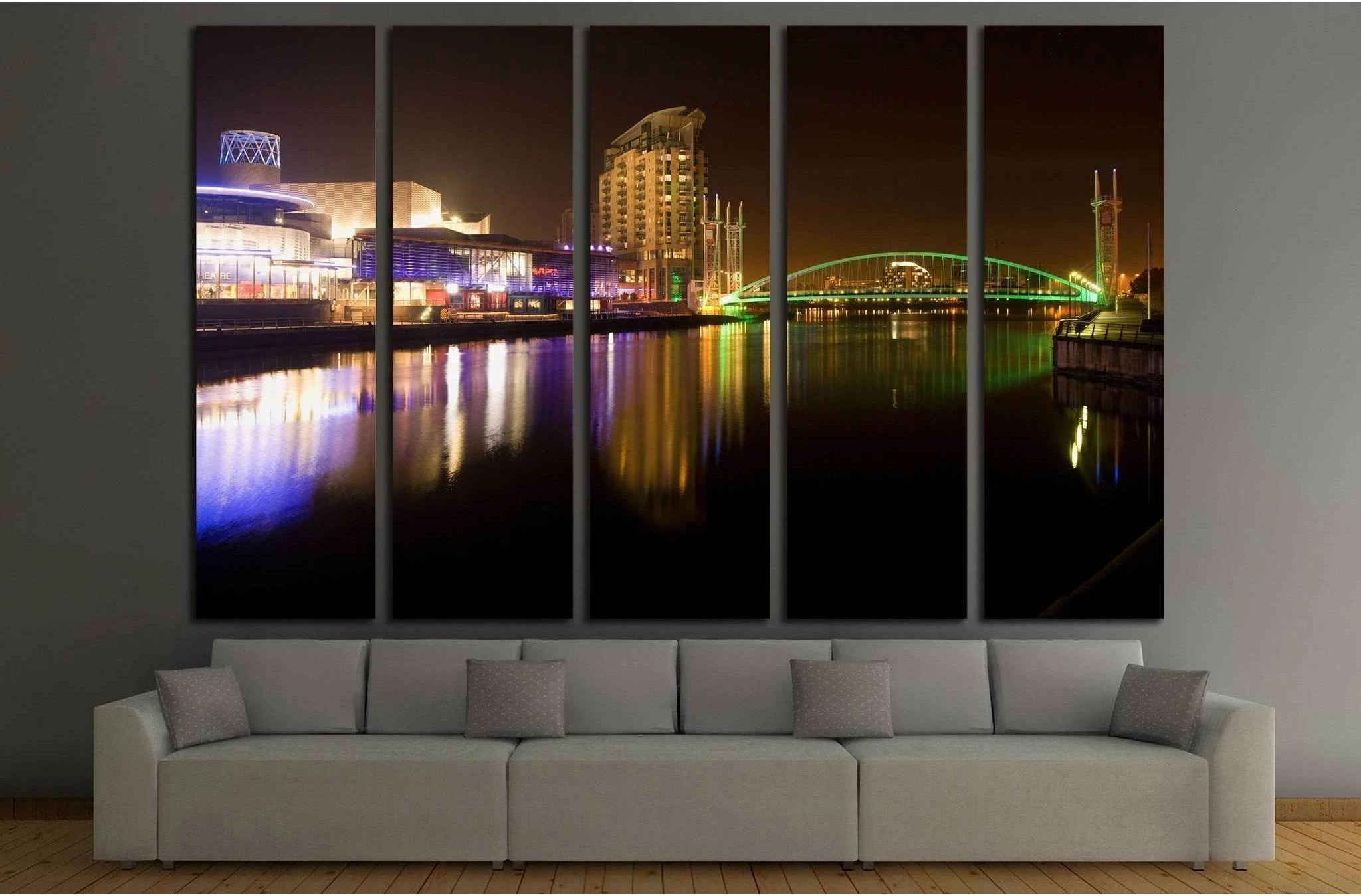 Salford quays and MediaCity at night, millennium lift bridge, Manchester city, United Kingdom №2094 Ready to Hang Canvas Print - Zellart Canvas Prints ALL_Products, s-2094