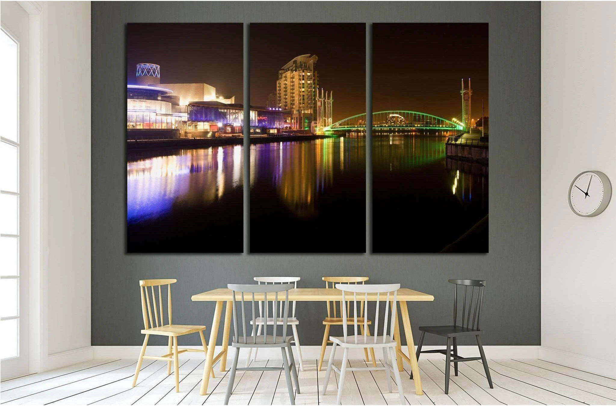 Salford quays and MediaCity at night, millennium lift bridge, Manchester city, United Kingdom №2094 Ready to Hang Canvas Print - Zellart Canvas Prints ALL_Products, s-2094
