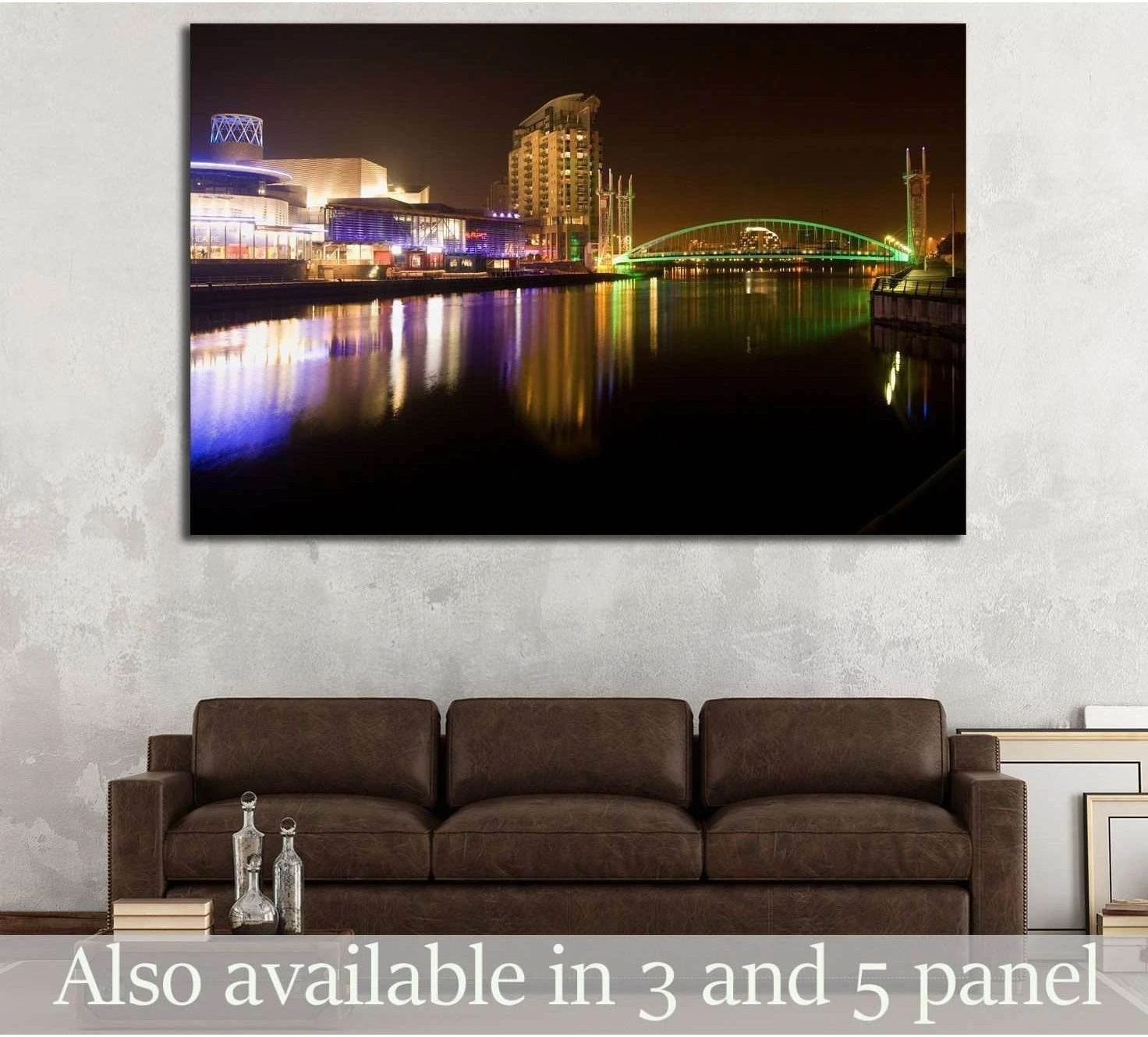 Salford Quays and Millennium Bridge at night canvas print above sofa in modern living room