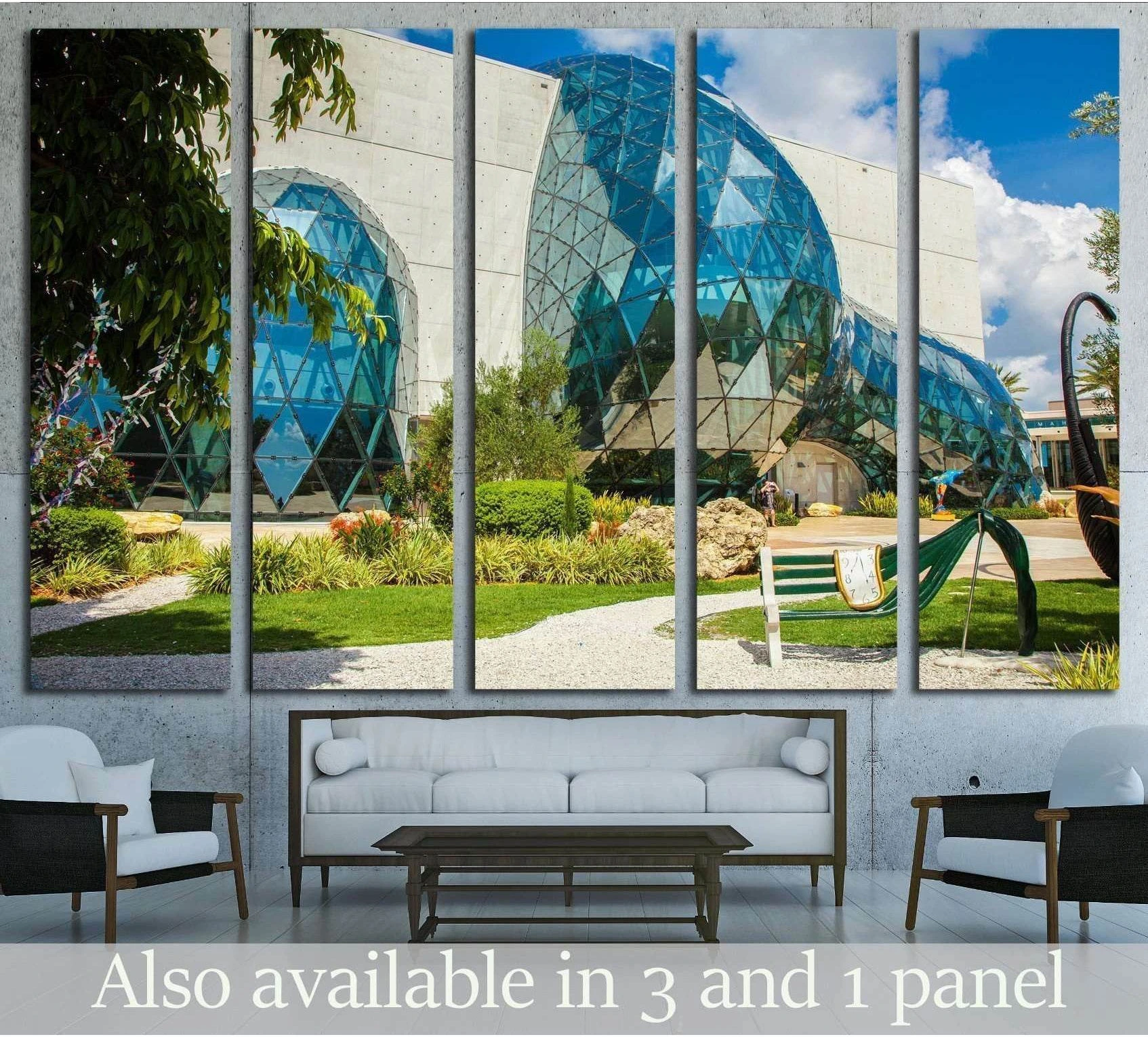 Salvador Dali Museum canvas print with blue glass dome above sofa in modern living room