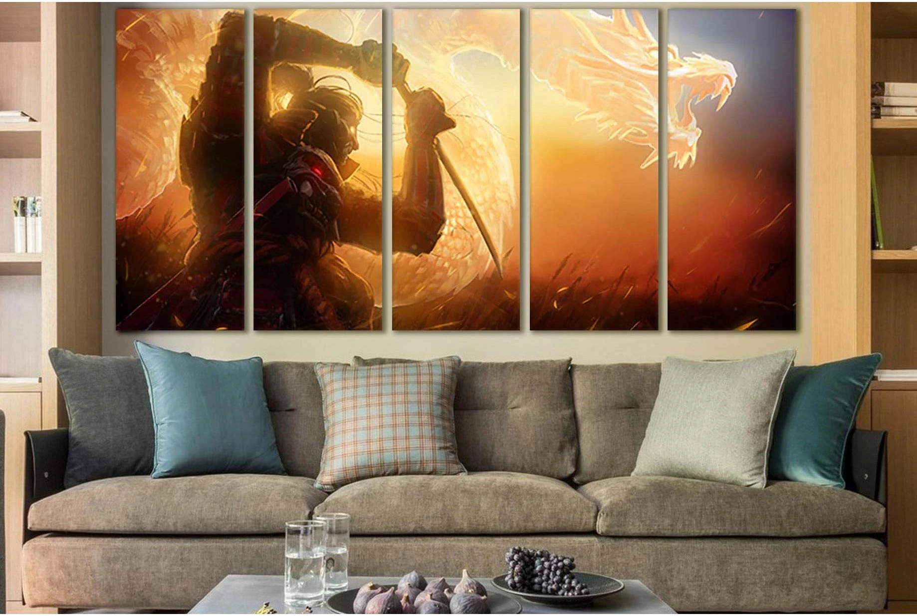 Samurai And Golden Dragon №SL1235 Ready to Hang Canvas Print - Zellart Canvas Prints 0new, ALL_Products, Fantasy And Sci Fi Wall Art