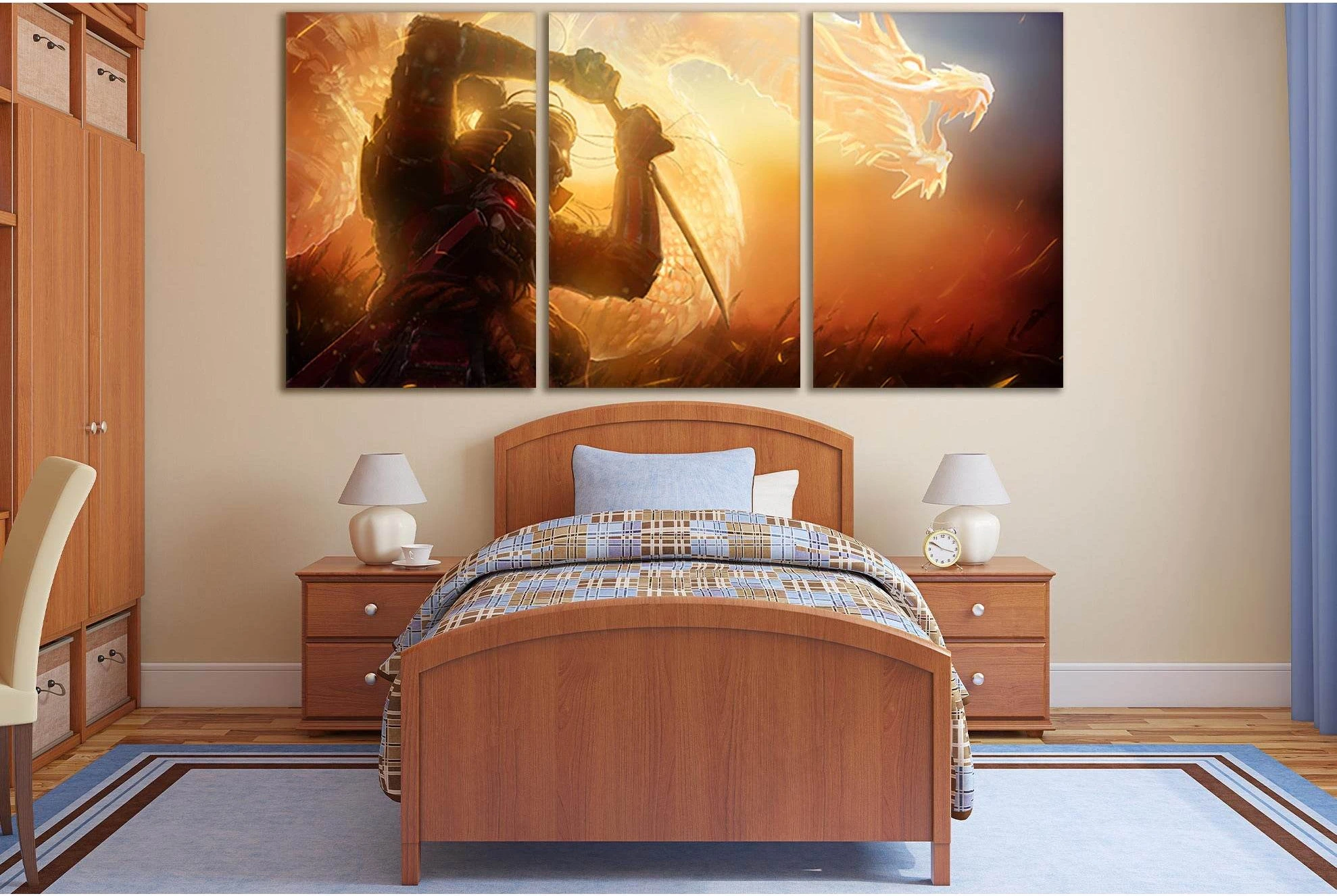 Samurai And Golden Dragon №SL1235 Ready to Hang Canvas Print - Zellart Canvas Prints 0new, ALL_Products, Fantasy And Sci Fi Wall Art