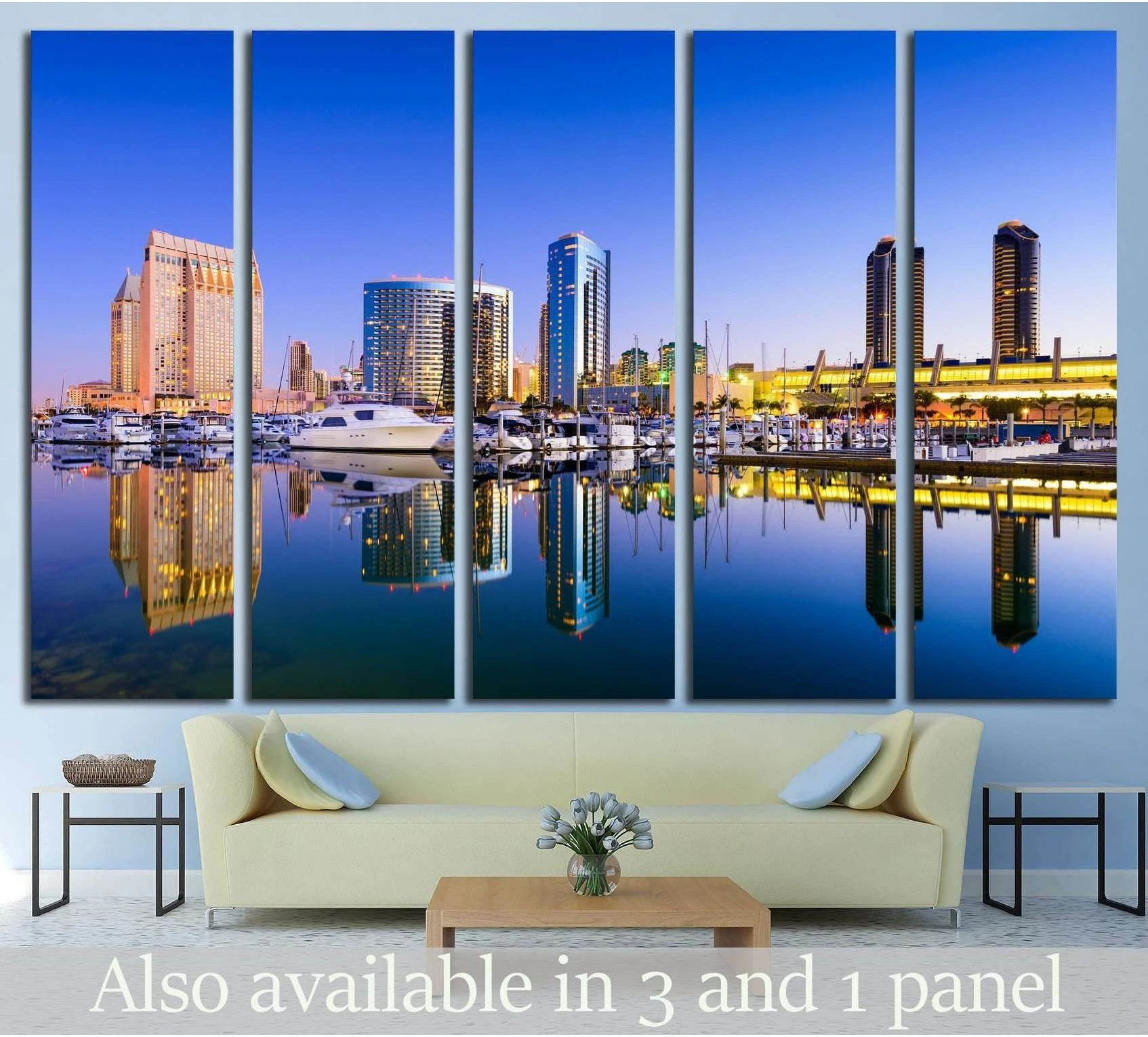 San Diego marina skyline canvas print above sofa with yachts and blue hour harbor reflections