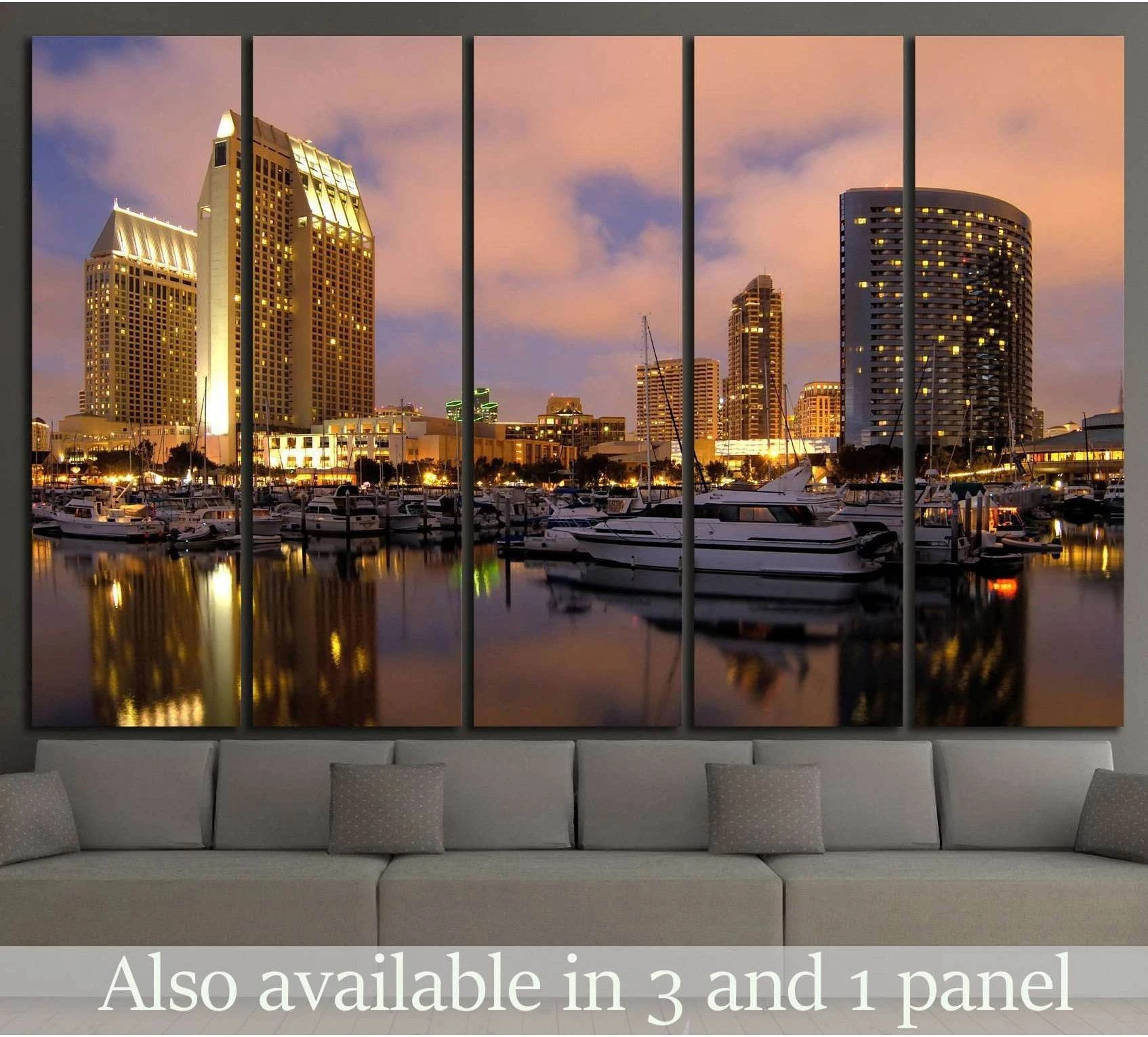 San Diego downtown marina canvas print with dusk skyline and yacht reflections above sofa