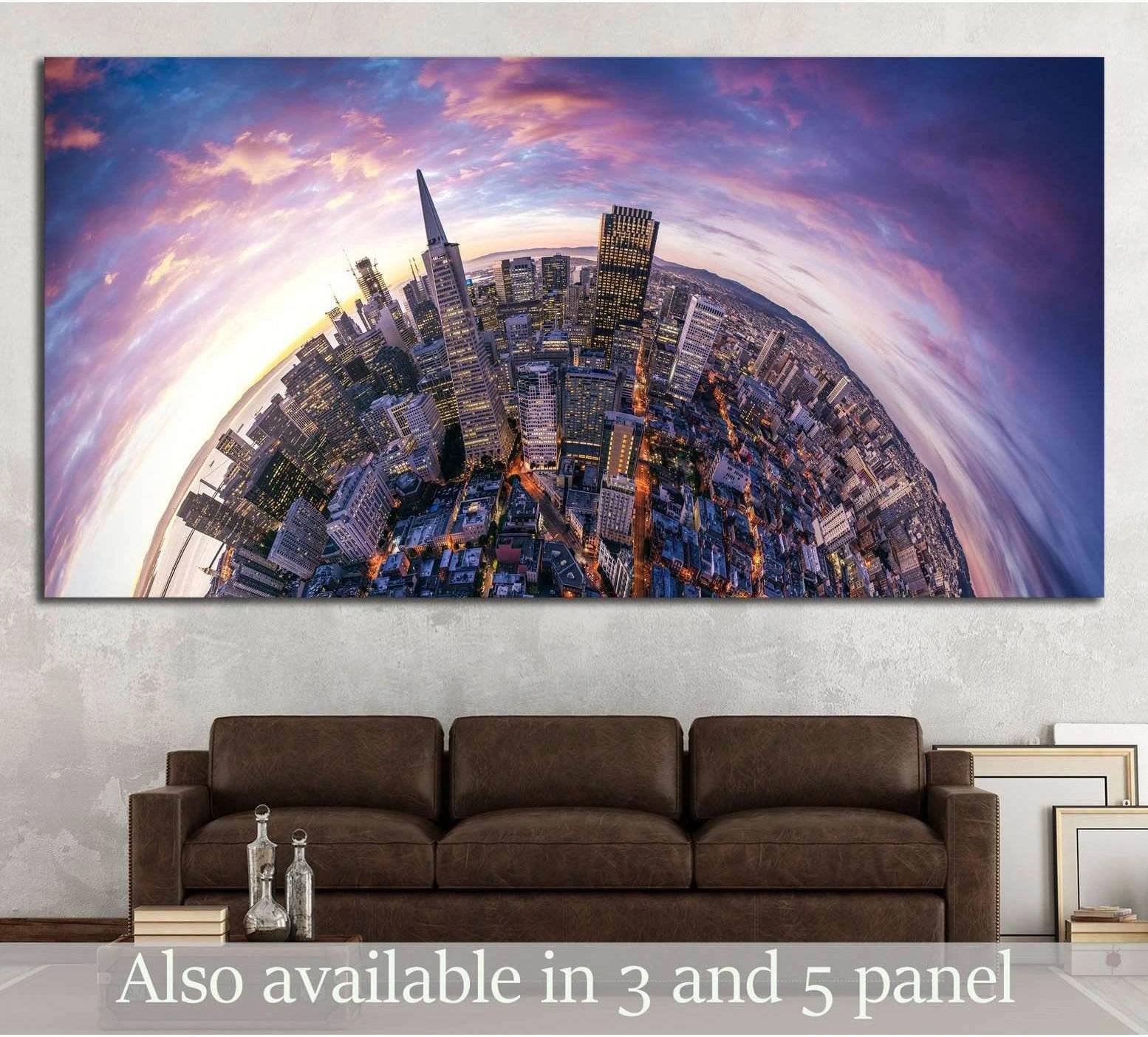 San Francisco aerial fisheye skyline canvas print above sofa in living room at sunset
