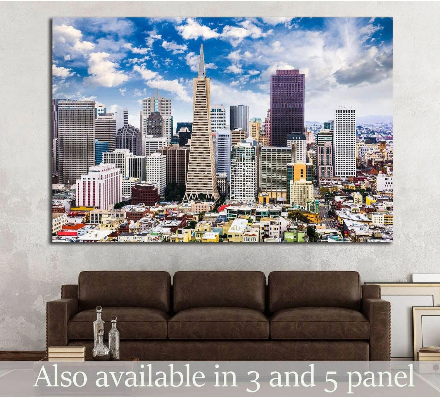 San Francisco skyline canvas print with Transamerica Pyramid above sofa in modern living room
