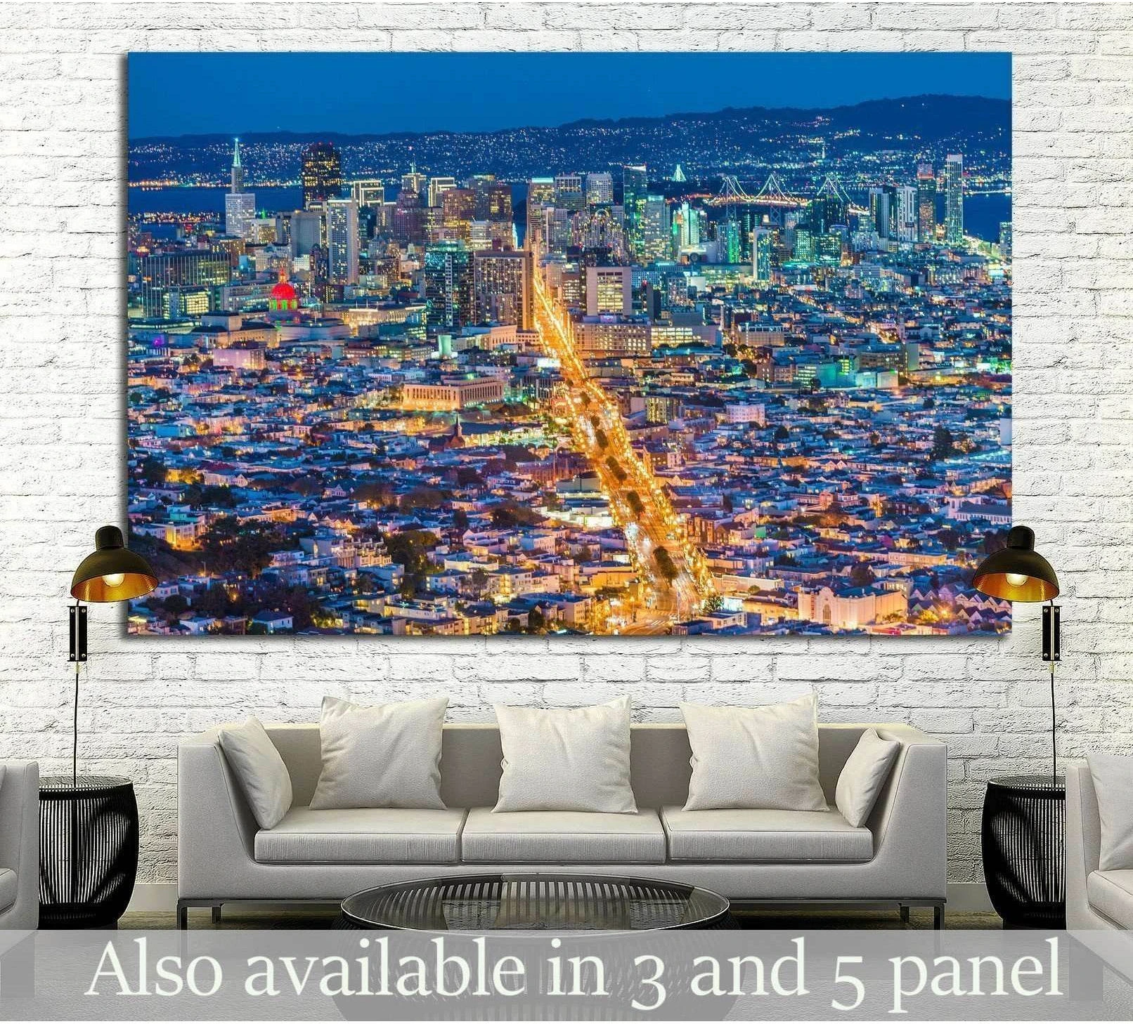 San Francisco skyline night canvas print from Twin Peaks above a sofa in a modern living room