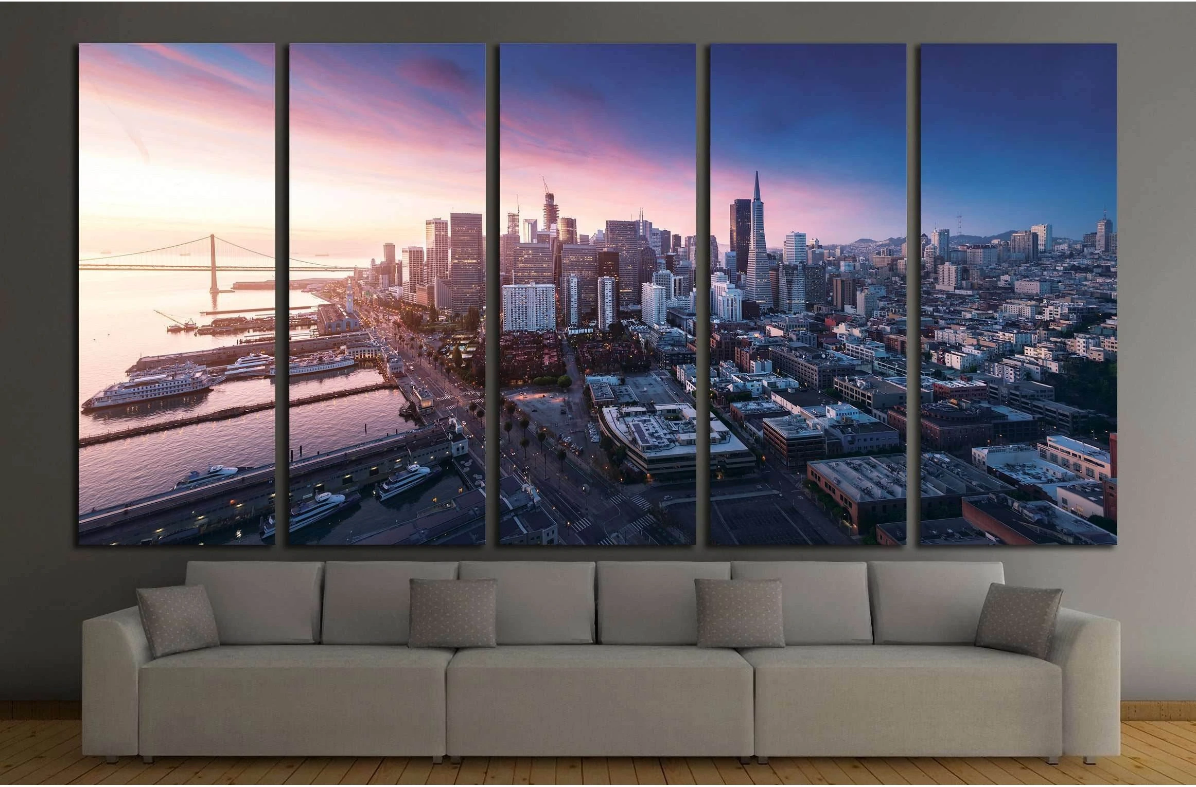 San Francisco panorama at sunrise with waterfront and downtown №1658 Ready to Hang Canvas Print - Zellart Canvas Prints ALL_Products, s-1658