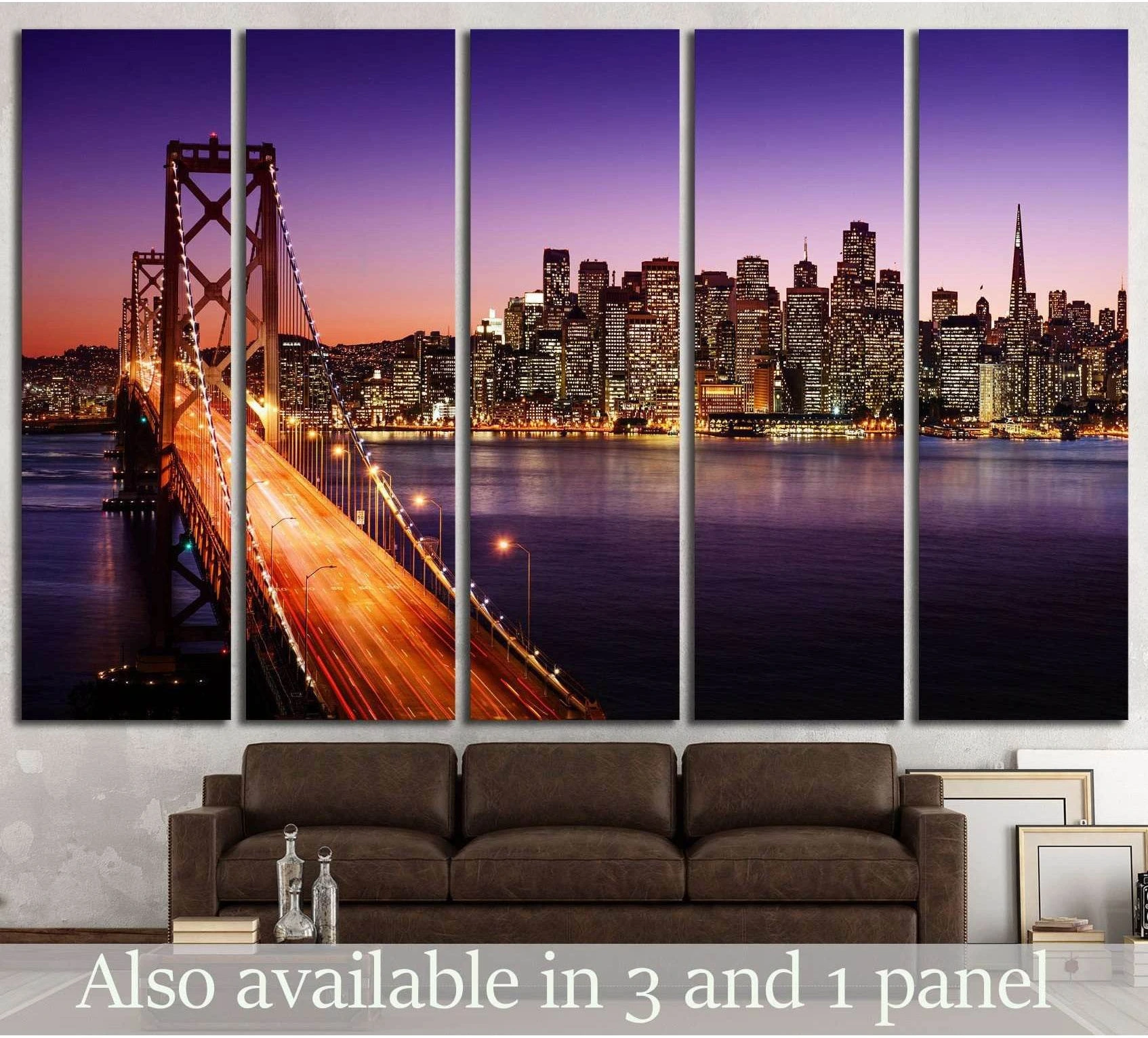 San Francisco skyline canvas print with Bay Bridge at dusk above sofa in modern living room