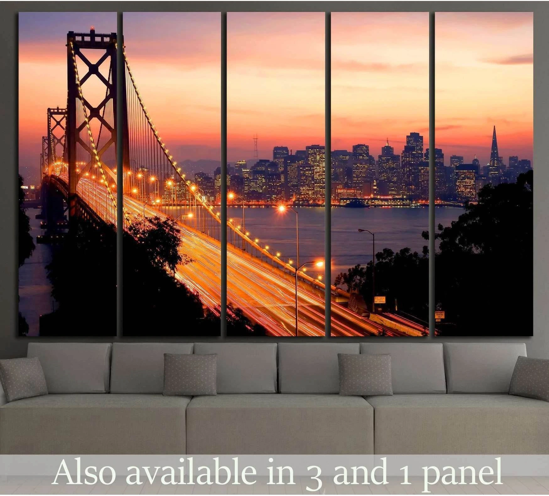 San Francisco Bay Bridge sunset canvas print above sofa in modern living room