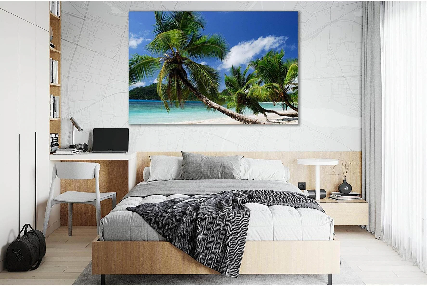 Sandy Beach Palms Canvas Print with Turquoise Ocean Blue Sky showing sea water, shoreline and horizon depth.