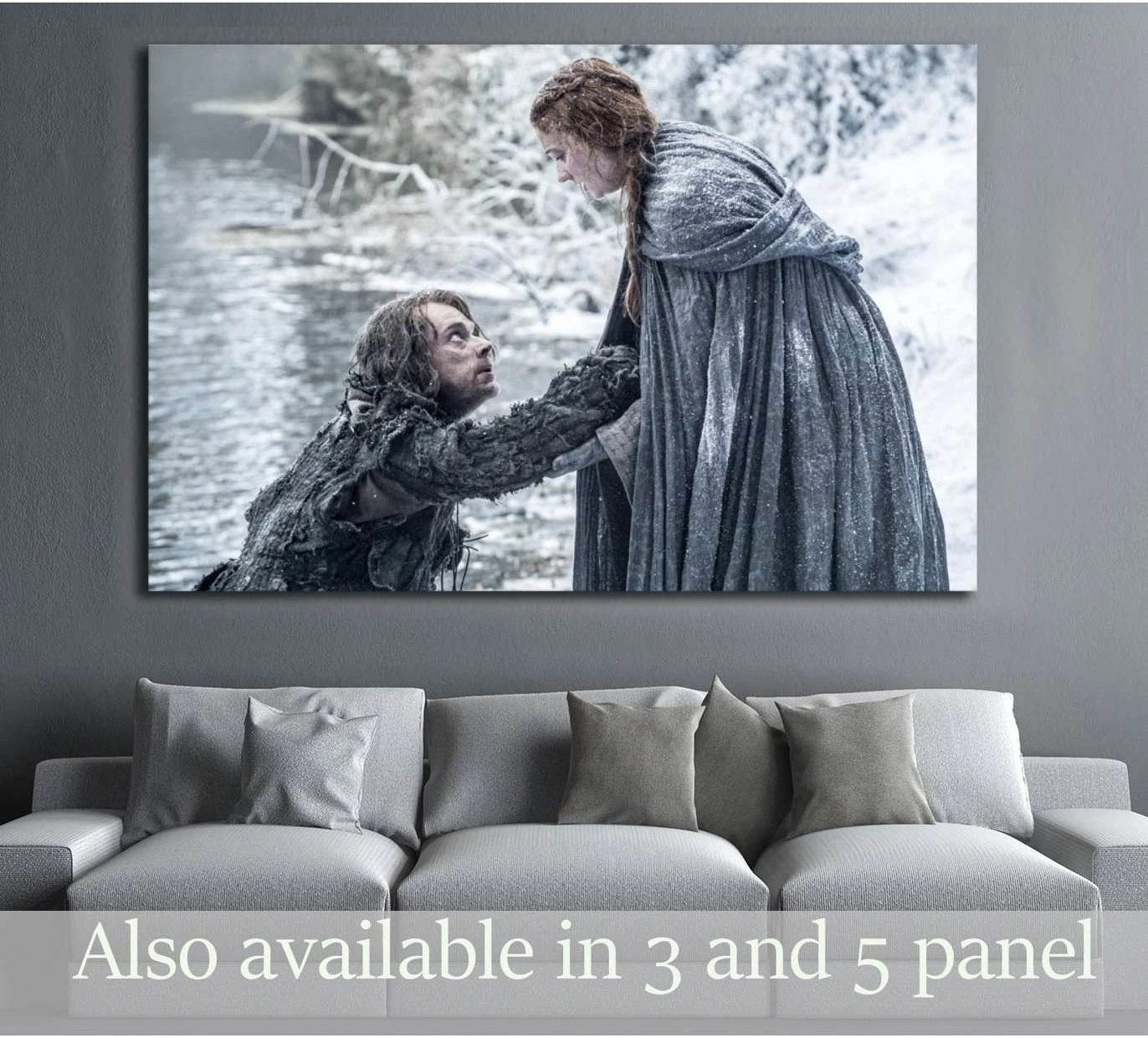 Sansa Stark winter scene canvas print above a sofa in a grey living room