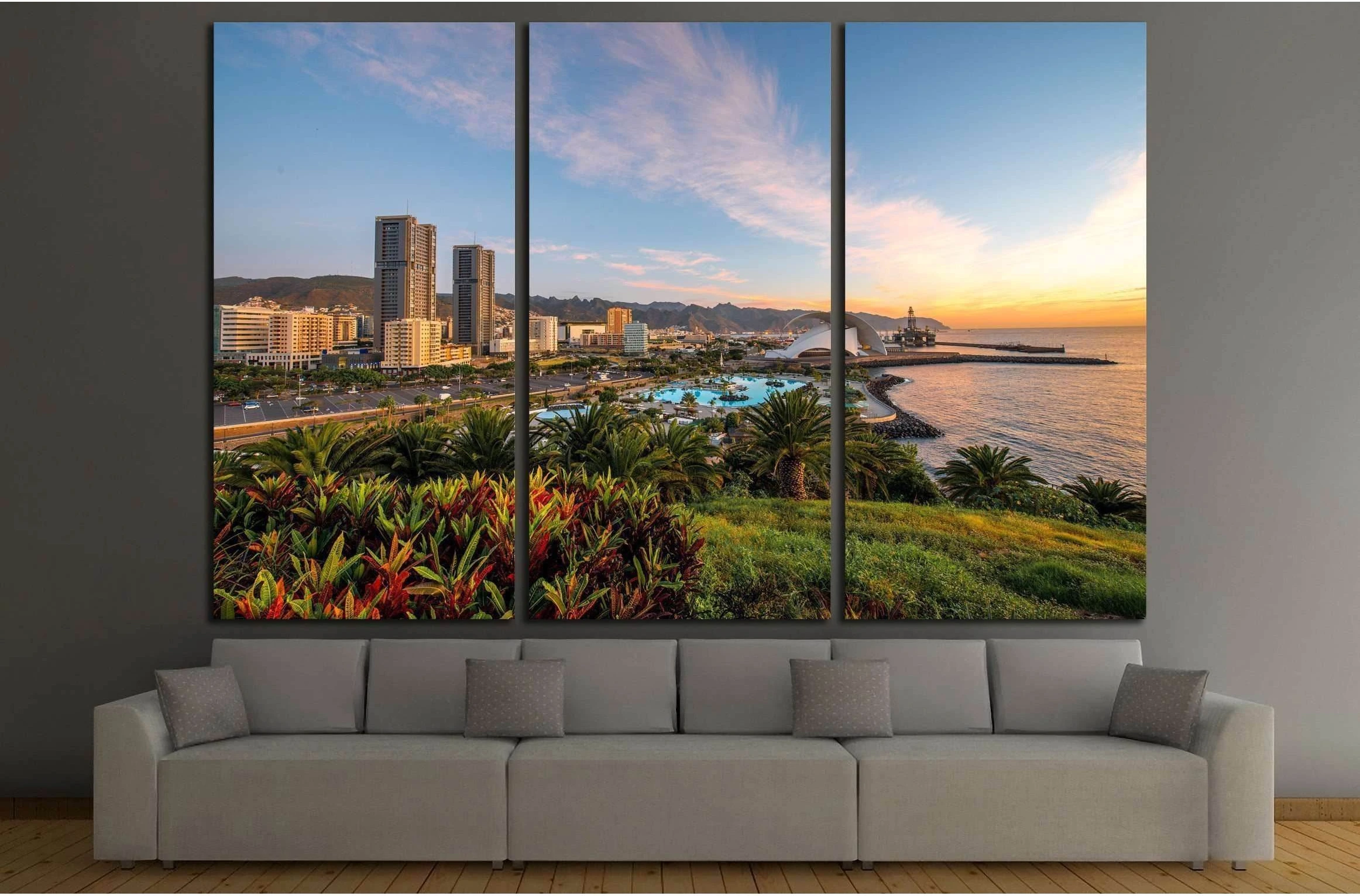 Santa Cruz cityscape view on residential buildings and offices with park and mountains on the sunrise, Canary islands, Spain №2306 Ready to Hang Canvas Print - Zellart Canvas Prints ALL_Products, s-2306