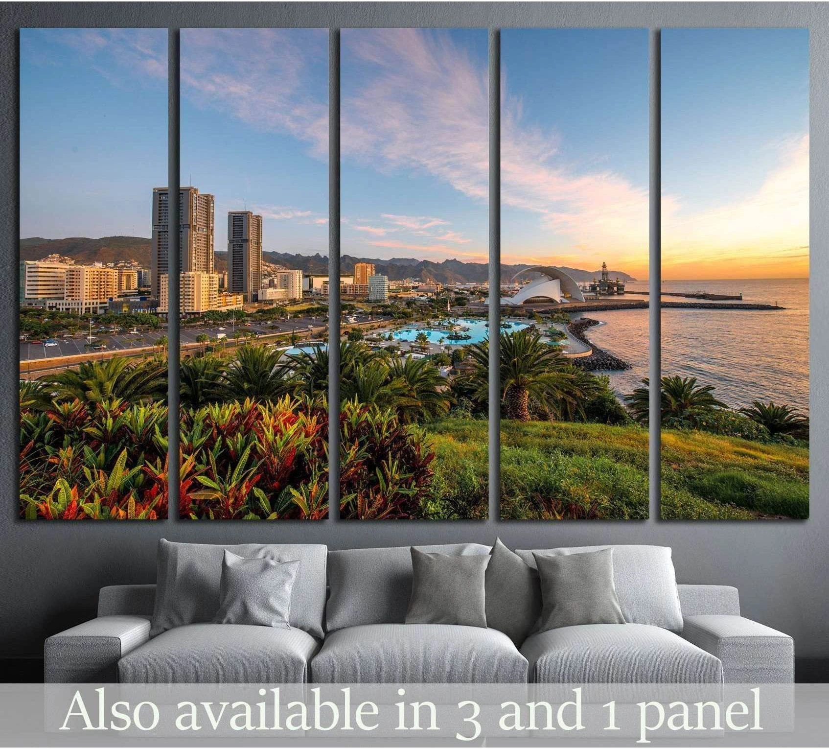 Five-panel Santa Cruz Tenerife sunrise canvas print above a sofa in a modern living room