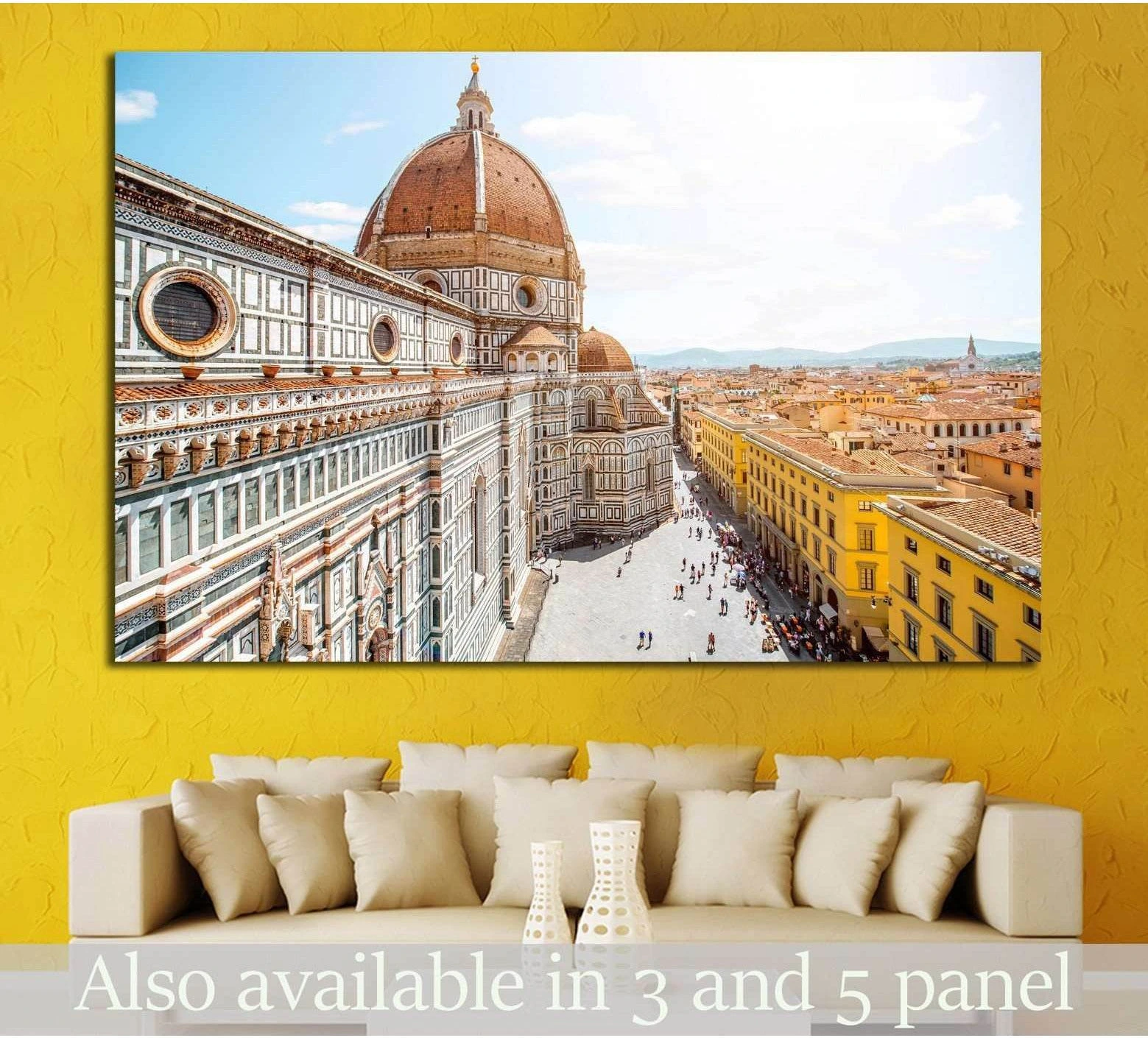 Florence Duomo canvas print showing Santa Maria del Fiore above a sofa in a warm modern living room