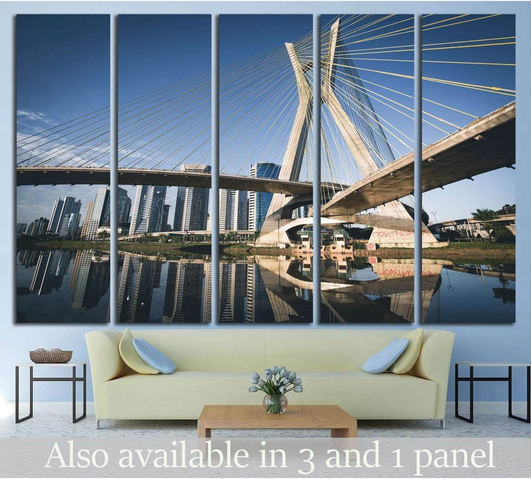 Sao Paulo Ponte Estaiada bridge canvas print with skyline reflection displayed above sofa