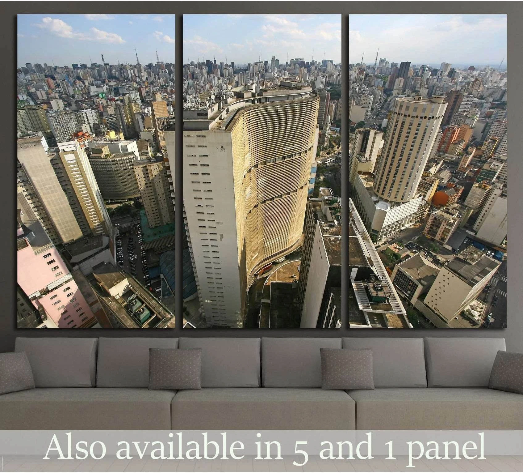 Sao Paulo skyline canvas print with aerial view of downtown skyscrapers above a modern sofa