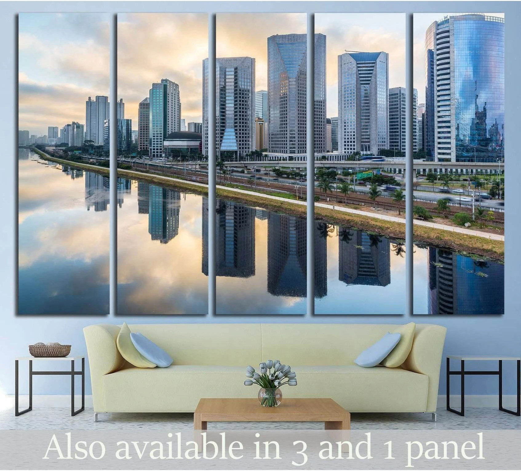 Sao Paulo skyline canvas print with mirrored skyscrapers above a sofa in a modern living room