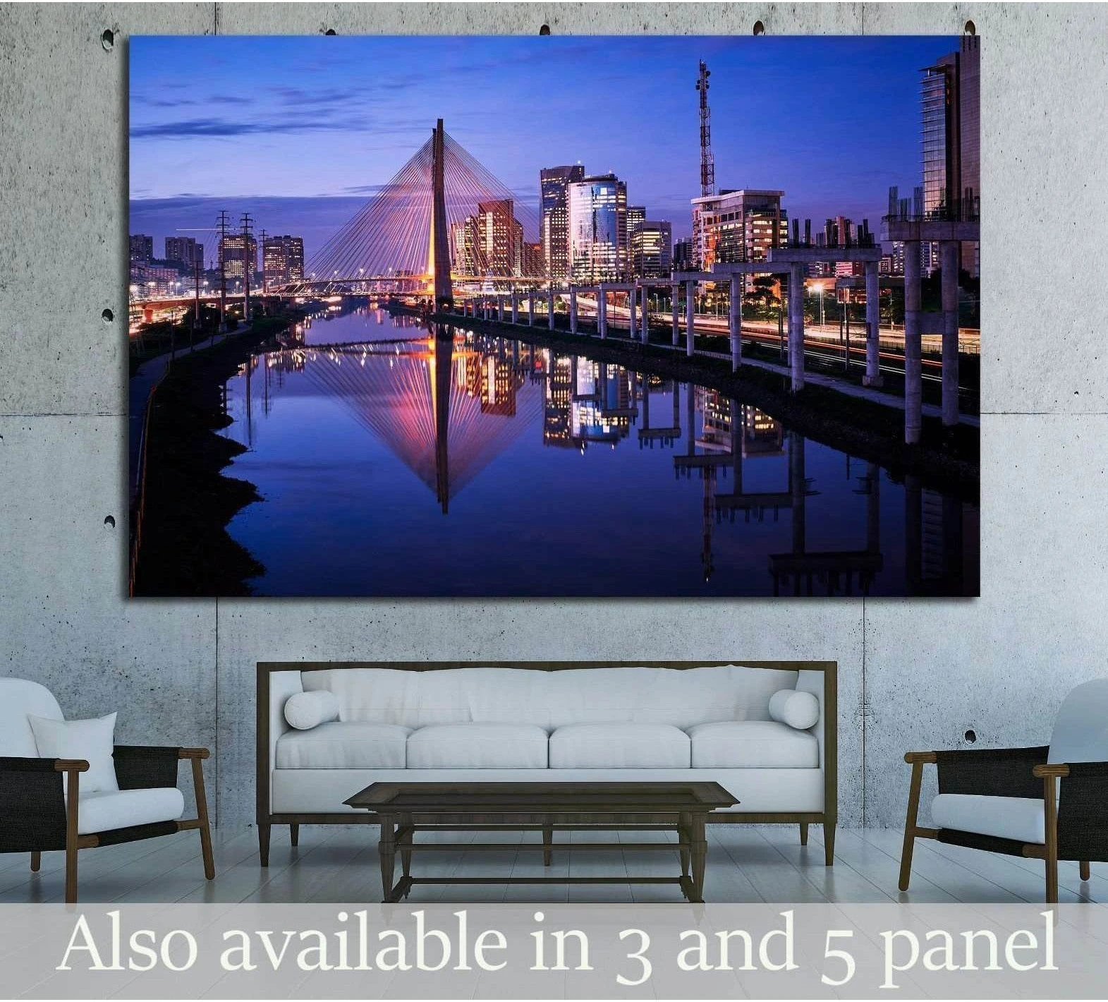 Sao Paulo skyline canvas print with Octavio Frias bridge at dusk above a sofa in a modern living room