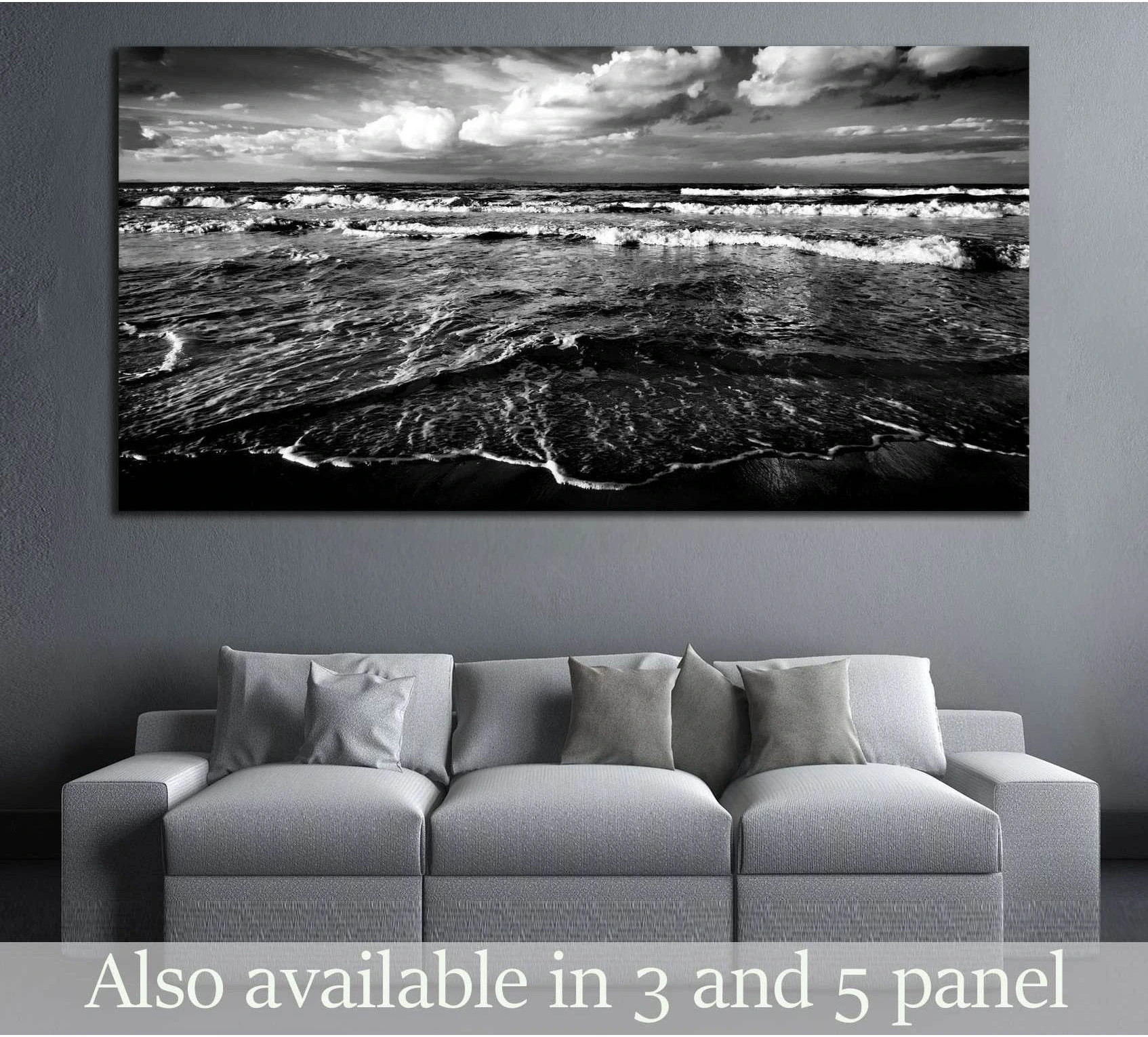 Dramatic Black and White Ocean Waves Canvas Print selected as wide sofa-wall seascapes with large ocean canvas movement.