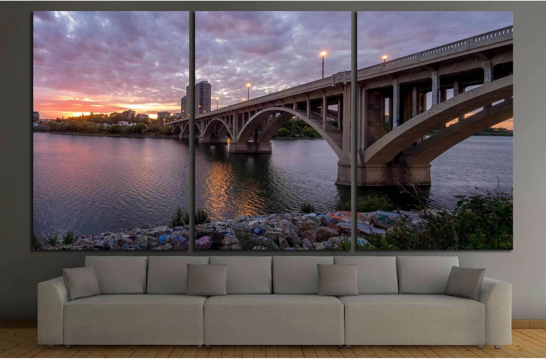 Saskatoon skyline at night along the Saskatchewan River №2211 Ready to Hang Canvas Print - Zellart Canvas Prints ALL_Products, s-2211