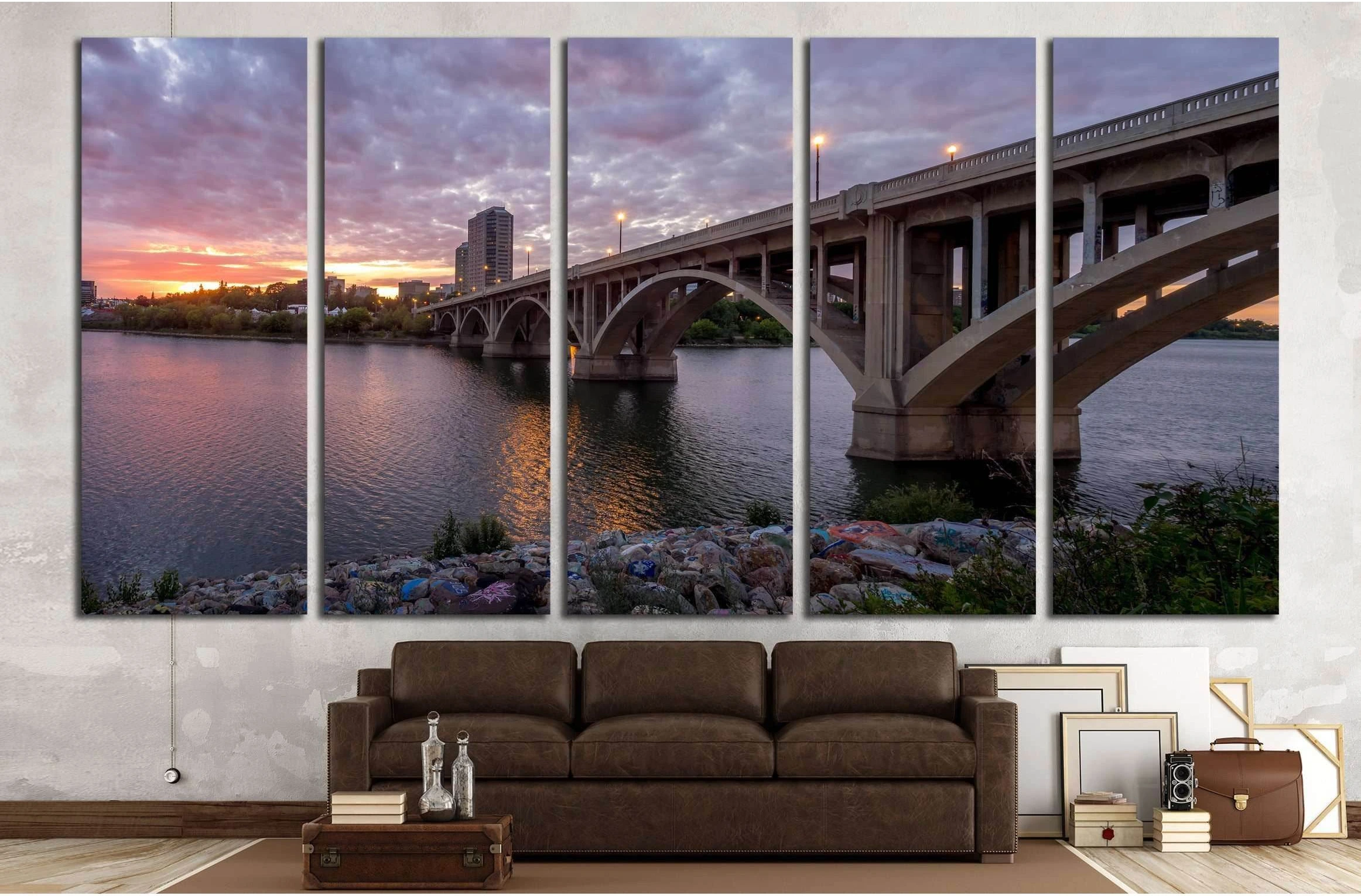 Saskatoon skyline at night along the Saskatchewan River №2211 Ready to Hang Canvas Print - Zellart Canvas Prints ALL_Products, s-2211