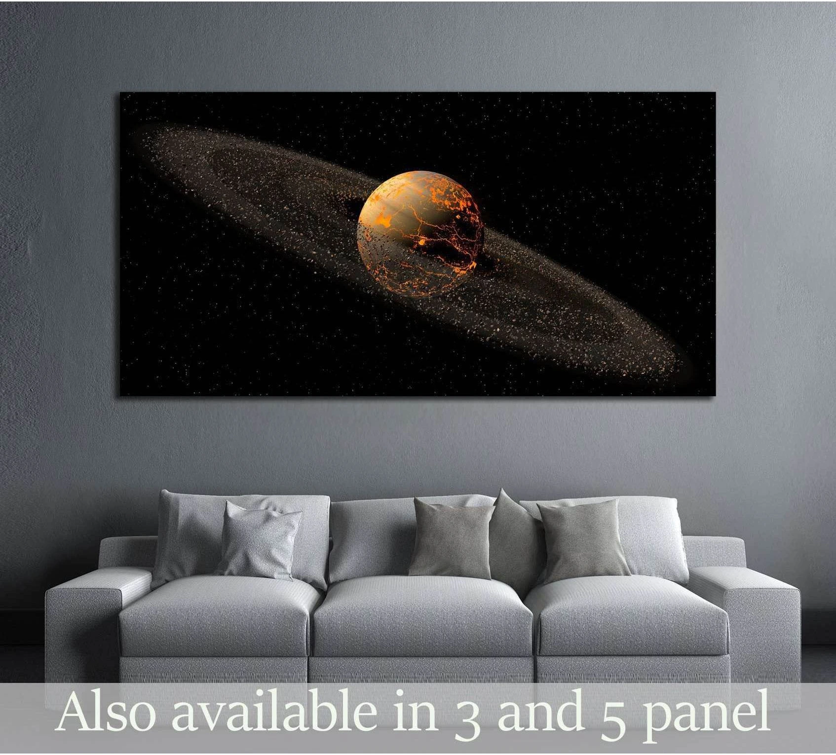 Lava planet canvas print with glowing cracks and asteroid ring hung above a sofa in a modern living room