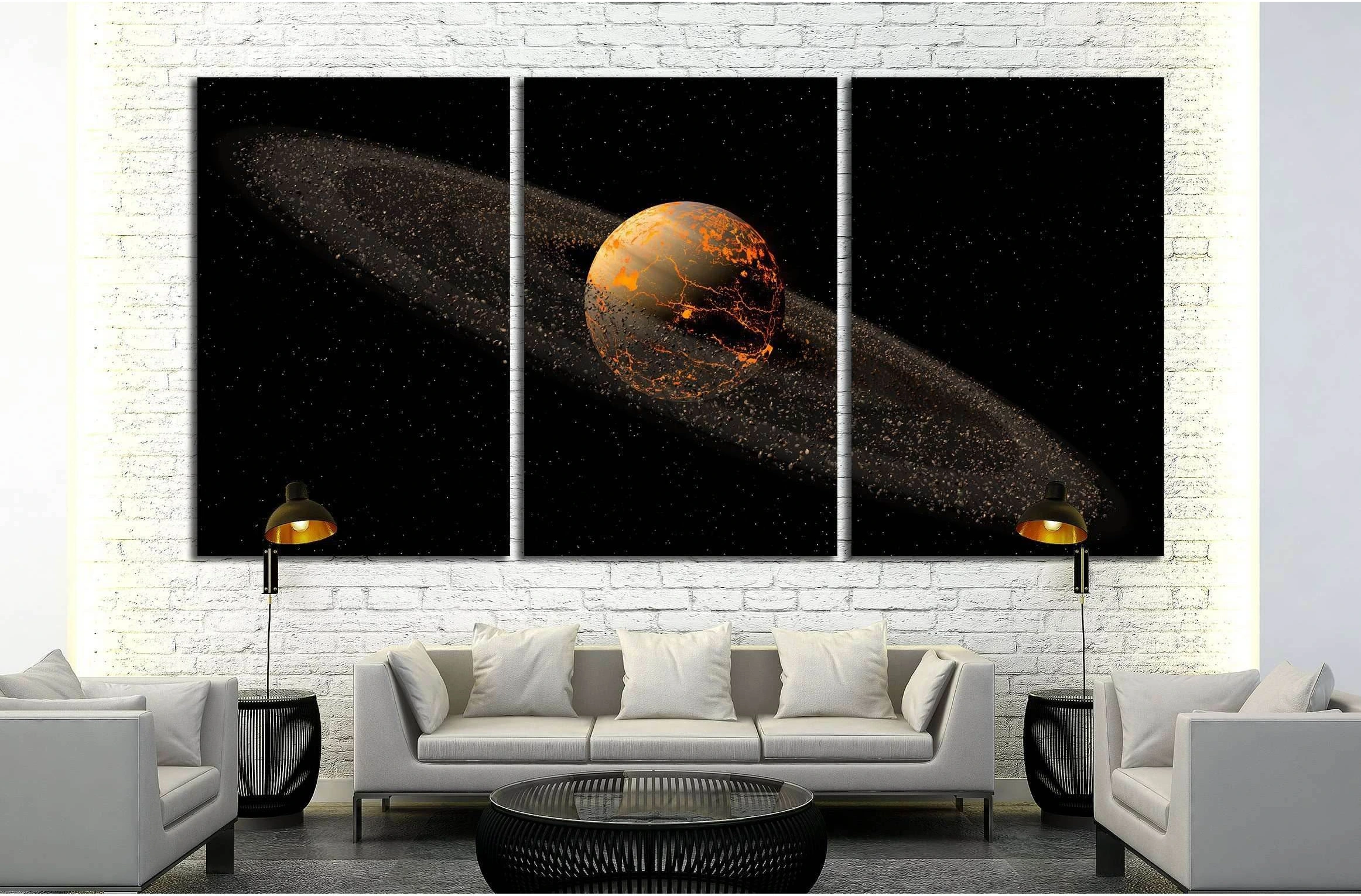 Saturn like planet with asteroid rings and hot lava cracks for a space illustration №2459 Ready to Hang Canvas Print - Zellart Canvas Prints ALL_Products, s-2459