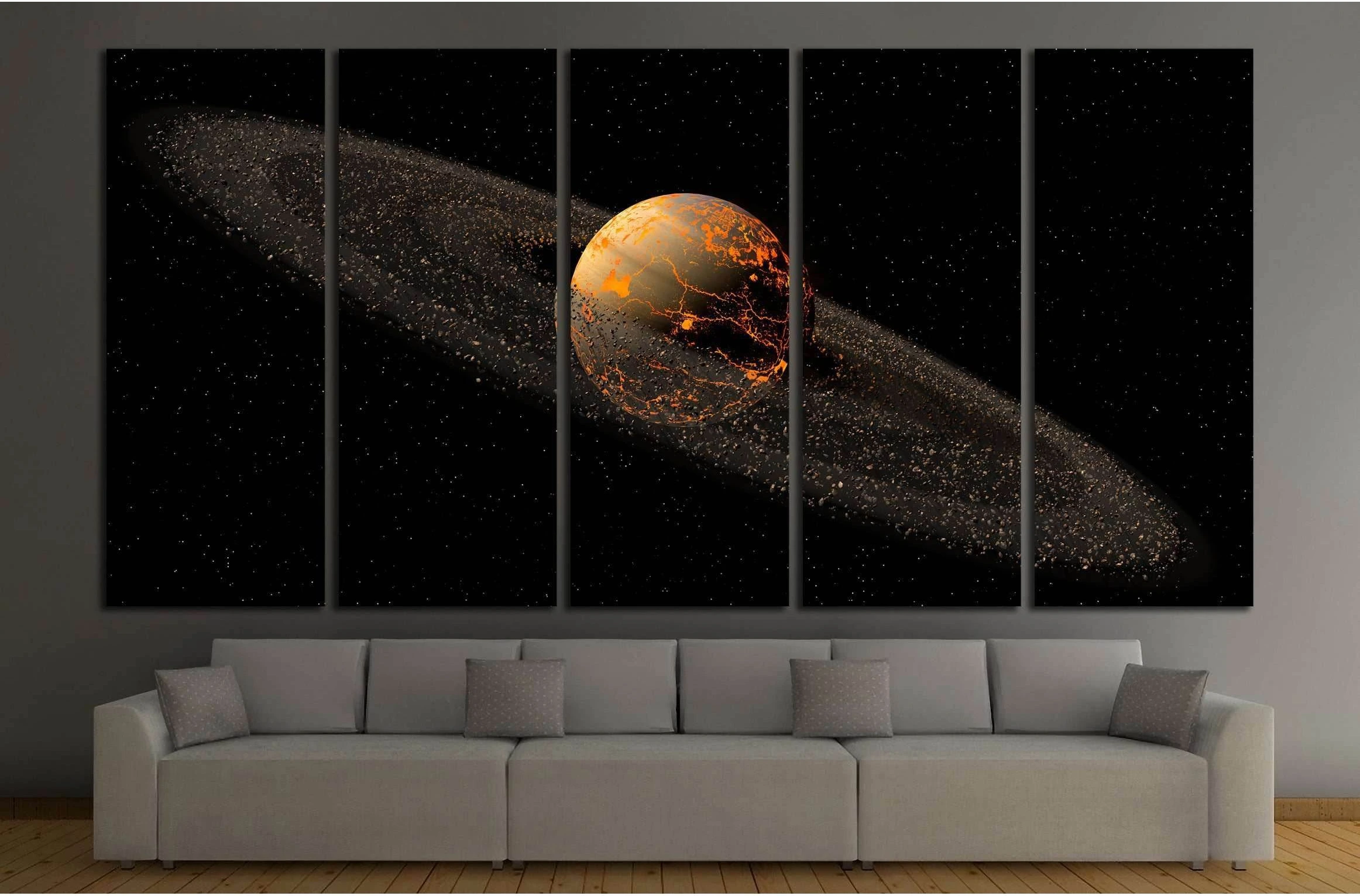 Saturn like planet with asteroid rings and hot lava cracks for a space illustration №2459 Ready to Hang Canvas Print - Zellart Canvas Prints ALL_Products, s-2459