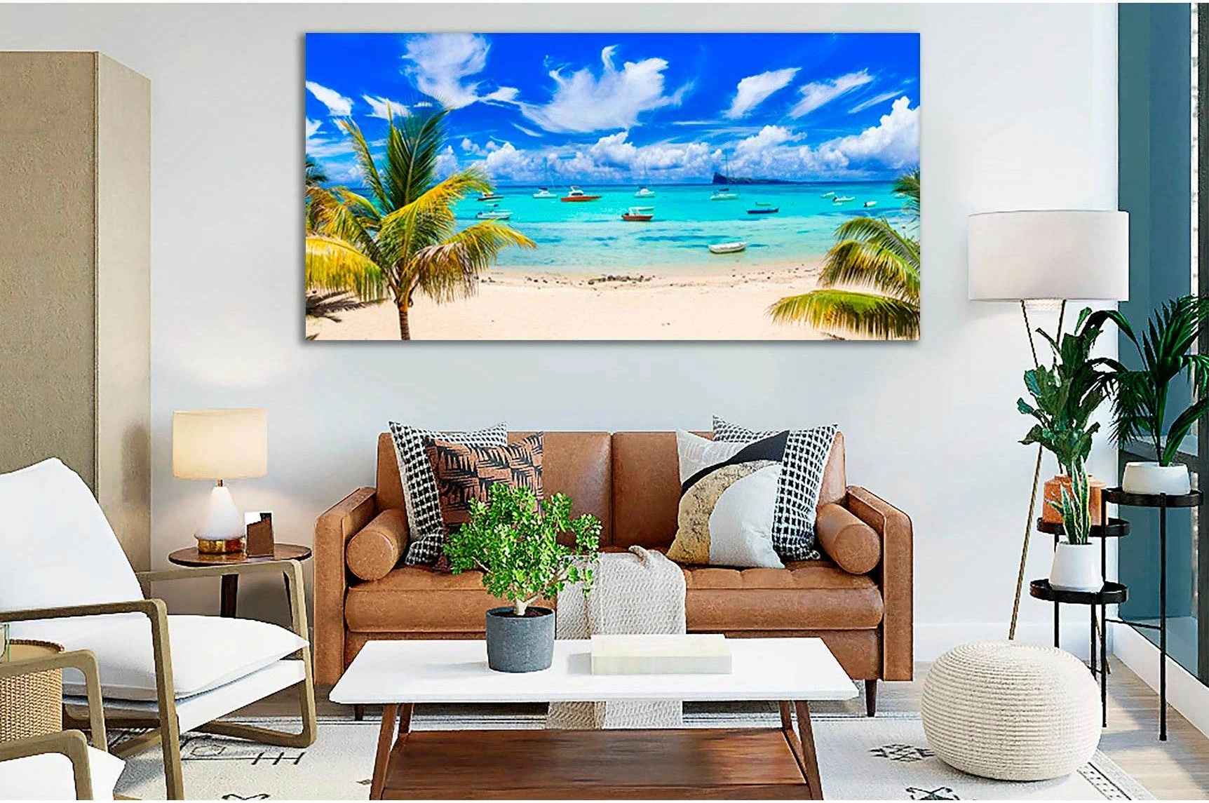 Turquoise Palm Beach Scene Mauritius Canvas Print or Wall Art showing sea water, shoreline and horizon depth.
