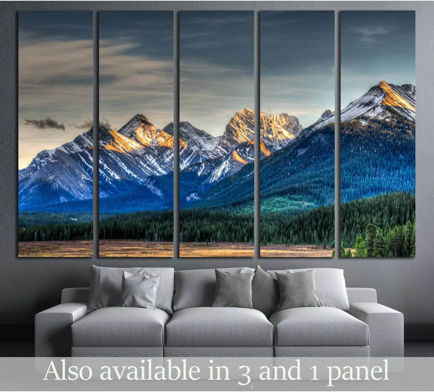 Five-panel Kananaskis mountain canvas print above sofa in a modern living room
